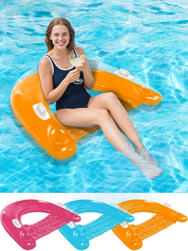 Pool Floats, 3 Pack Inflatable Pool Float Chairs with Cupholders & Handles, Pool Floats Adult Perfect for Pool Toys Party Lake & Rivers, Relaxing Inflatable Chair for Swimming Pool, Pink+Blue+Orange by Meegoo - Image 8