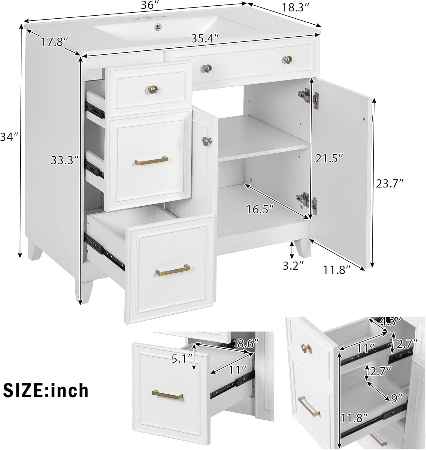36" Bathroom Vanity with Sink Modern Vanity with 2 Soft Close Doors 3 Drawers Adjustable Shelves Undermount Basin Vanity with Storage (White)