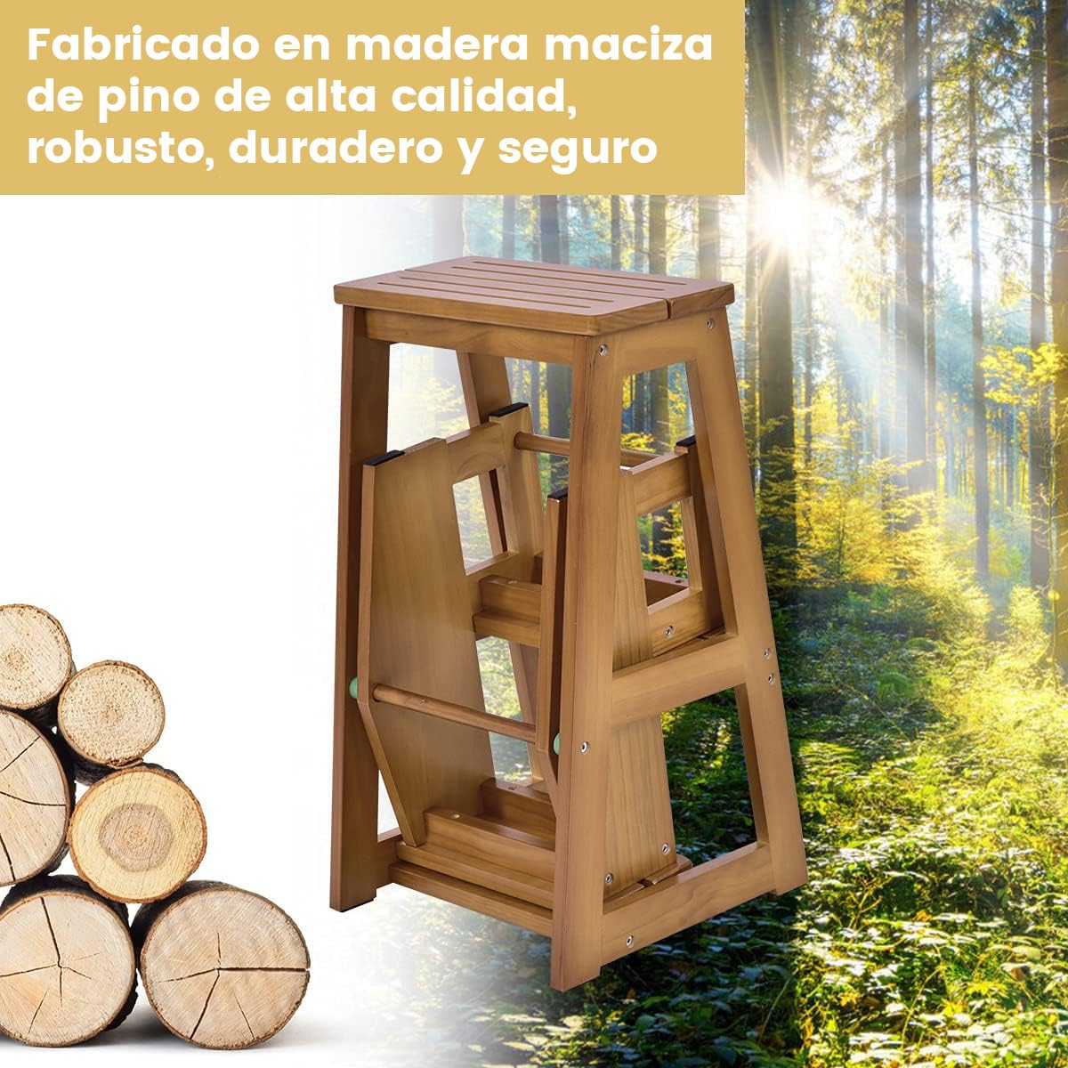 RELAX4LIFE 2 en 1 Taburete Plegable de 3 Peldaños de Madera de Pino, Taburete Escalera Multifuncional con 6 Almohadillas Antideslizantes para Cocina, Dormitorio y Tienda, 38,5x57x66cm (Marrón Claro)