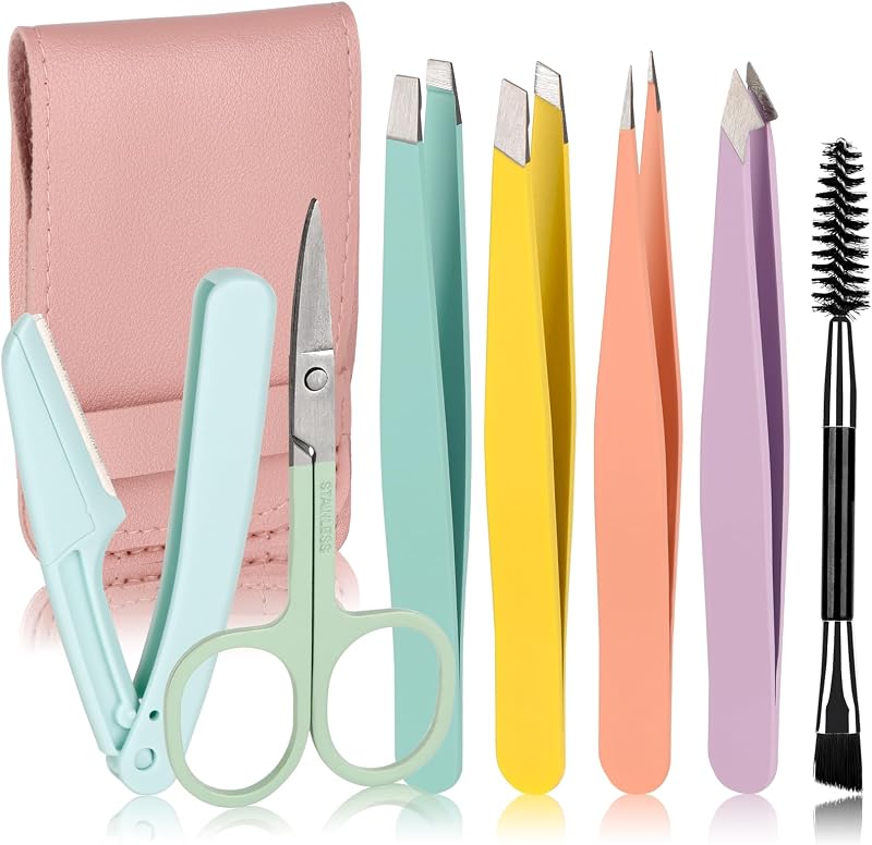 Kit MSQ com 7 peças para sobrancelhas, com pinças, tesoura, navalha e escovinha, Modelo MJ2