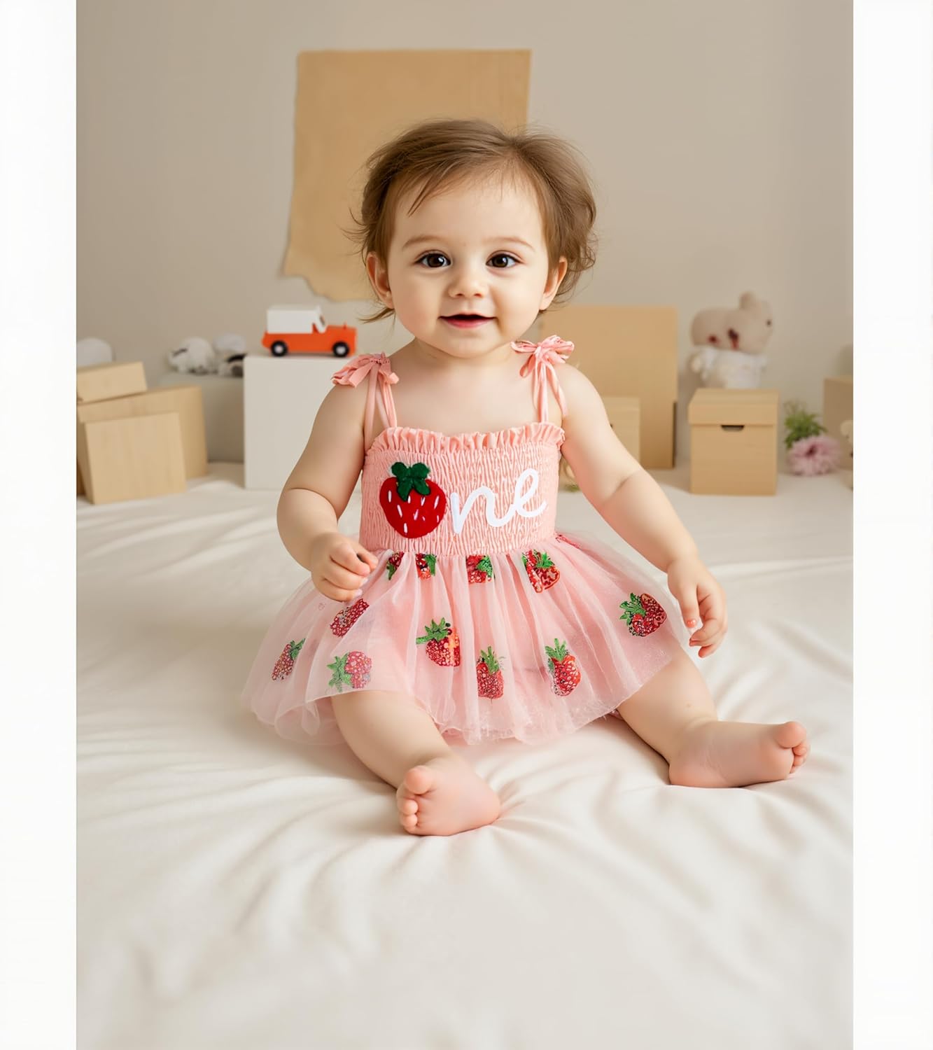 Baby Girl First Birthday Outfit Summer Sleeveless Smocked Fairy Berry One Romper Tulle Dress + Headband - Image 6