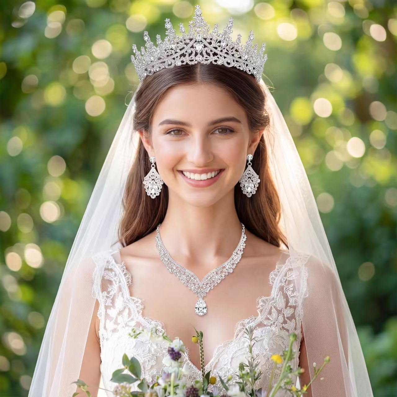 Wynce Tiaras Crowns for Women Earrings Necklace Crystal Bridal Jewelry Set Wedding, Birthday, Quinceañera,Thanksgiving, Halloween, Theater performance, Music Festival, or Costume Party