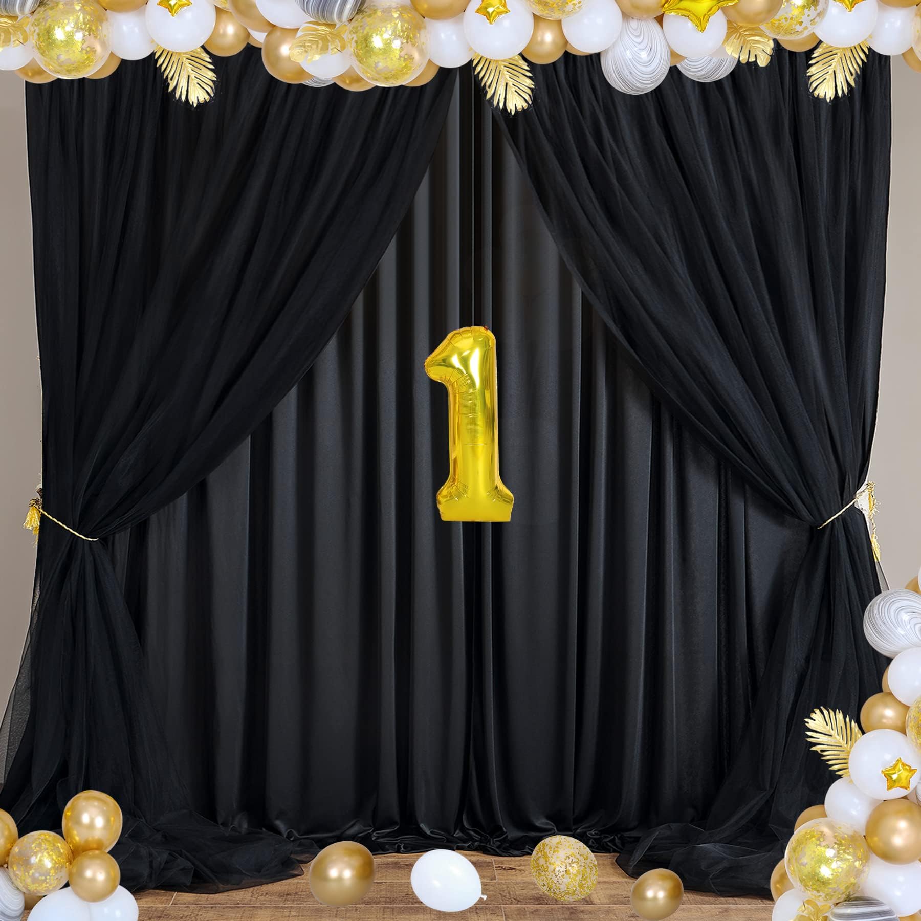 HBBMAGIC Double Layer Black Tulle Background Curtain for Party Wrinkle Free Black Tulle Background Curtains for Wedding Birthday Baby Shower, W150 cm x H 300 cm, 1 Piece