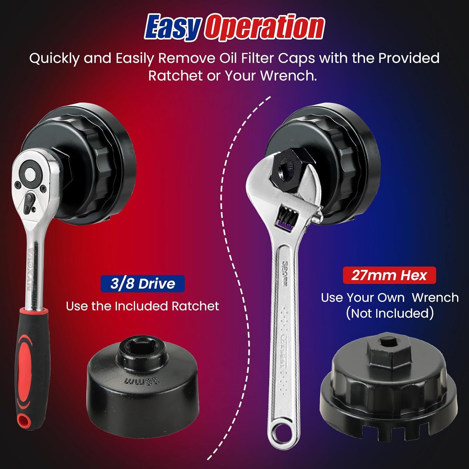 NYXOVA 10PC Oil Filter Wrench Set, Metric Oil Filter Cap Socket Kit, 3/8" Drive, Includes 24-65mm Sizes, Low Profile Removal Tools for Oil Change, Compatible with Toyota, BMW, Mercedes, VW