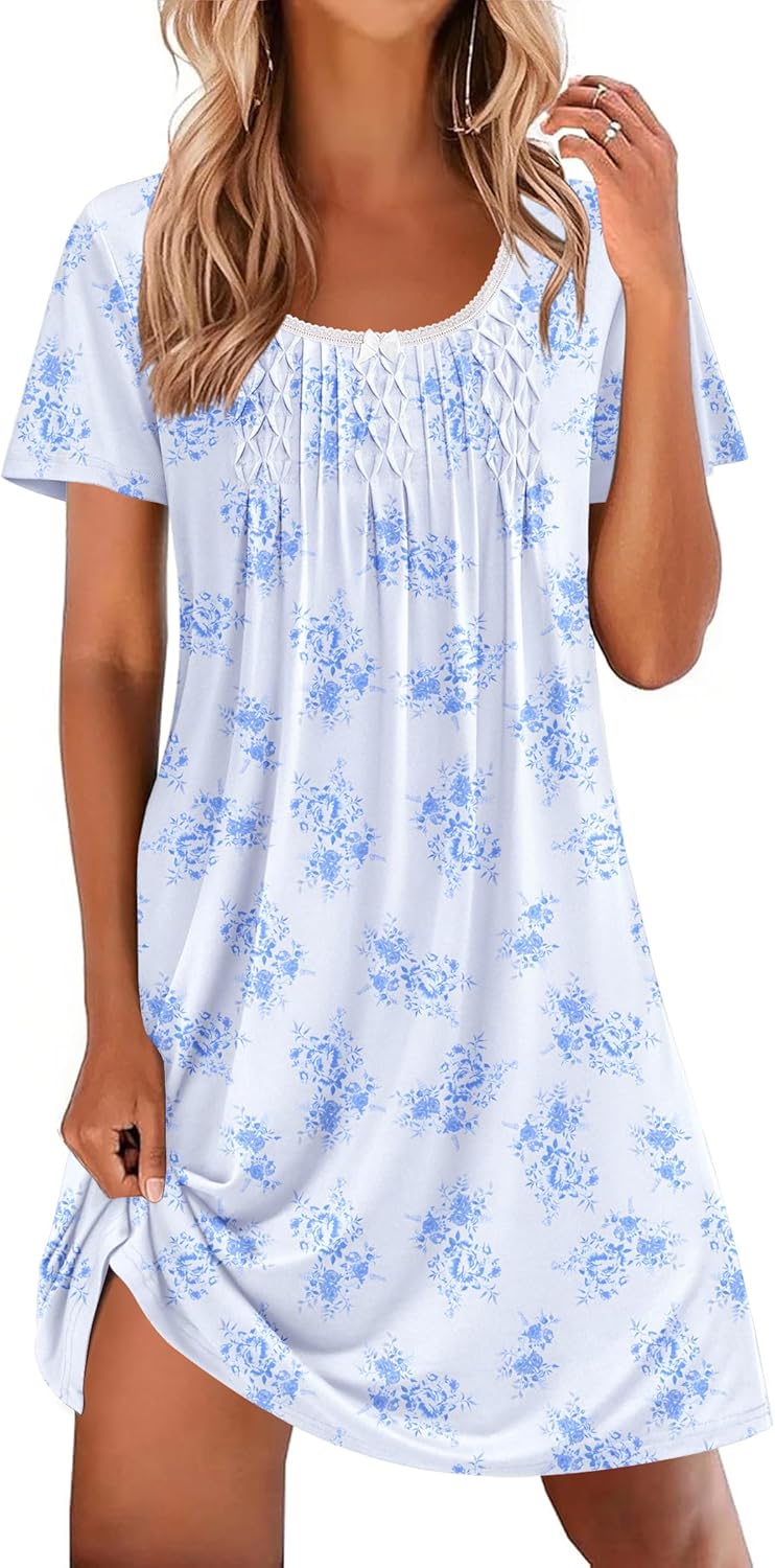 Ekouaer Nightgowns for Women Pleated Sleep Shirts Short Sleeve Night Shirts Lace Trim Night Gown Ladies Sleep Dress