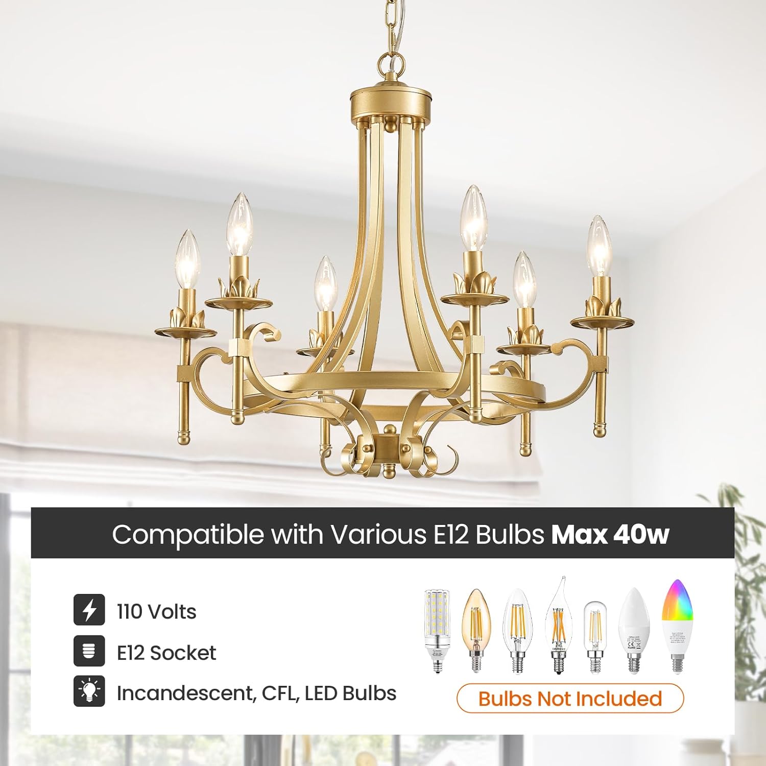 Modern Gold Candle Chandelier, 6-Light Farmhouse Chandeliers for Dining Room Lighting Fixtures Hanging, Dining Light Fixtures Iron Metal Pendant Light Fixture for Bedroom Living Room Kitchen Foyer