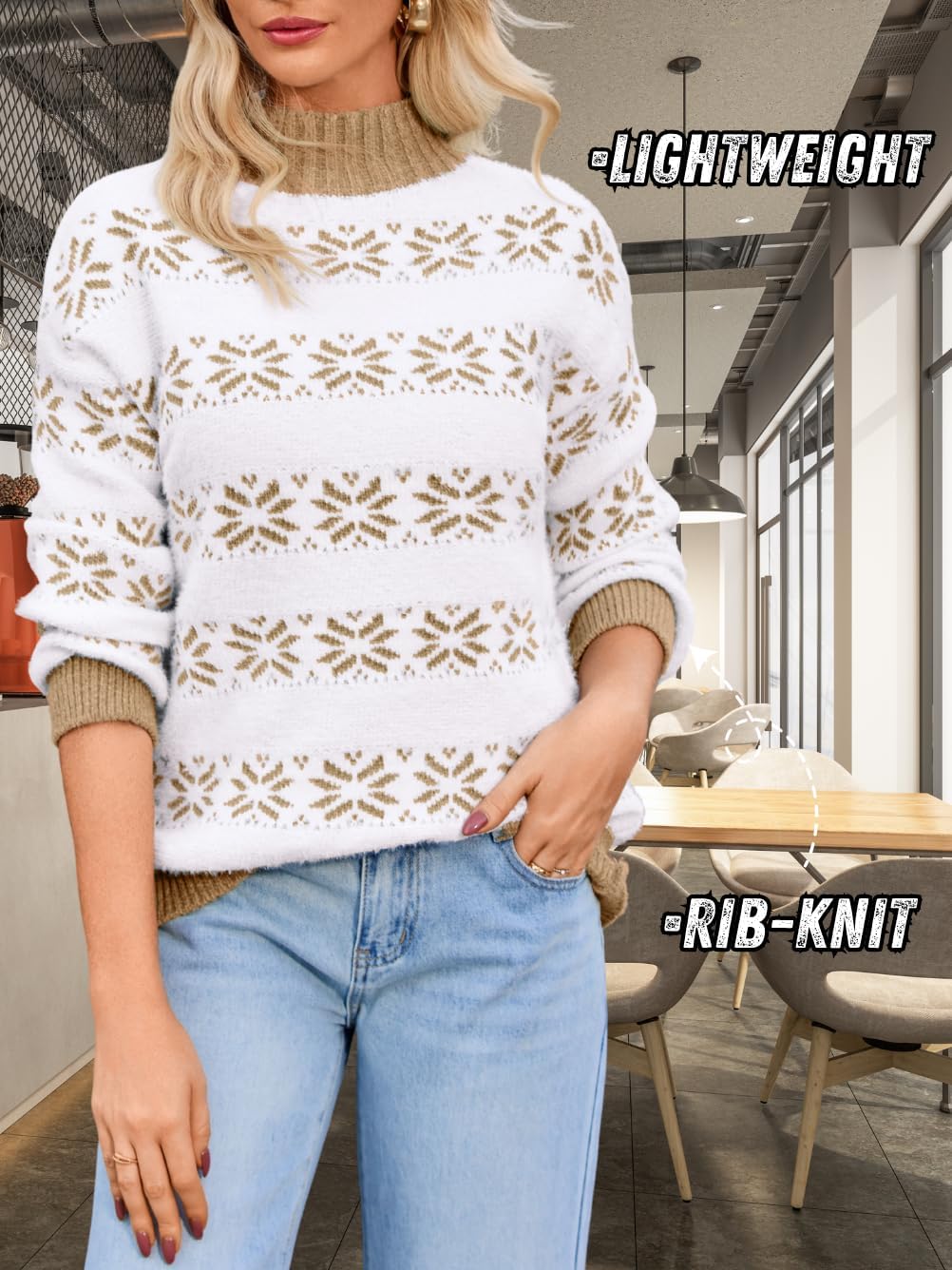 Women's Fuzzy Snowflake Sweater, Mock-Neck Long Sleeve Loose Pullover, Winter Warm Knit Top for Casual & Holiday - Image 5