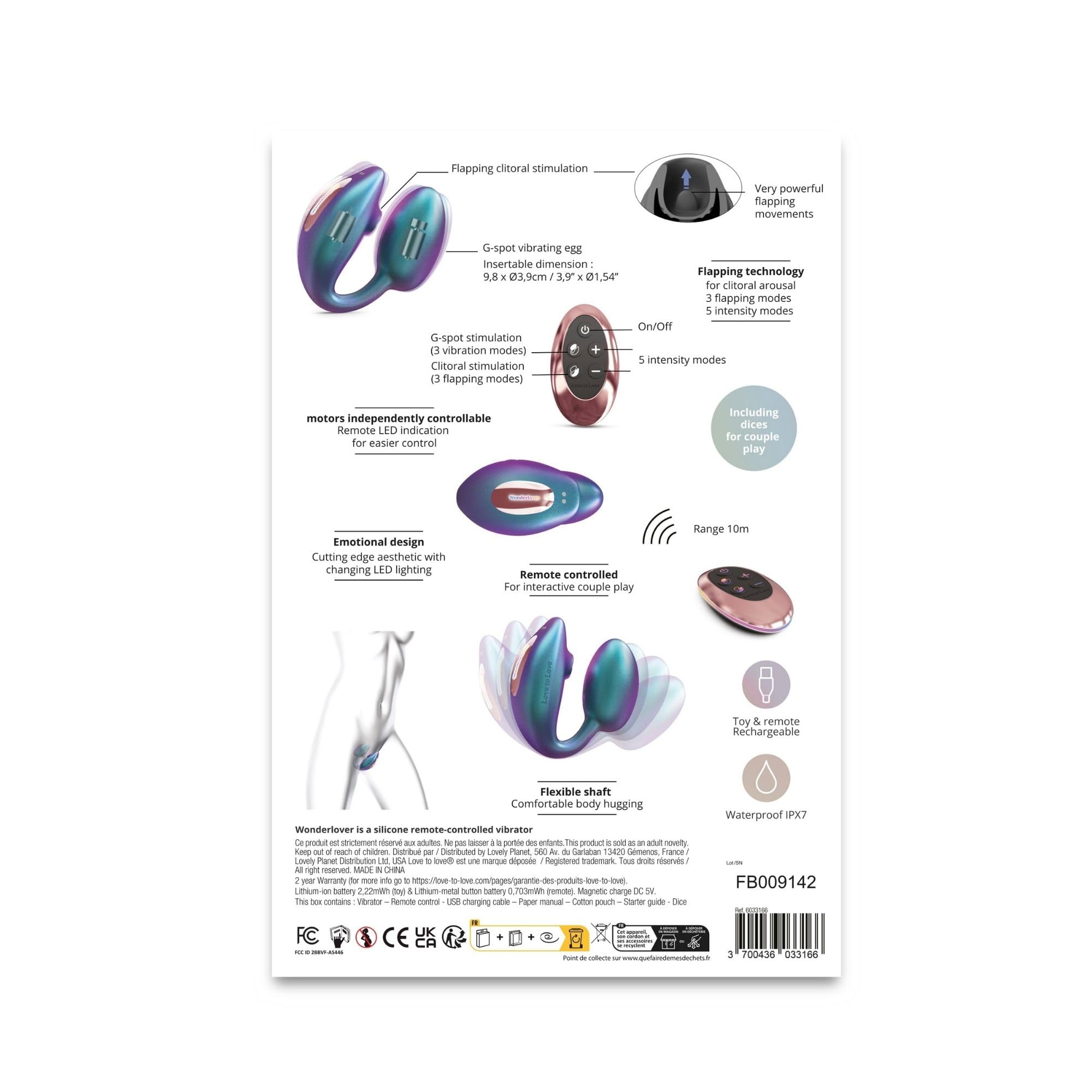 Love to Love Wonderlover – Sex toy ovetto vibrante con telecomando a distanza, doppia stimolazione clitoride & punto G, tecnologia flapping, 9 modalità, impermeabile, utilizzo a mani libere