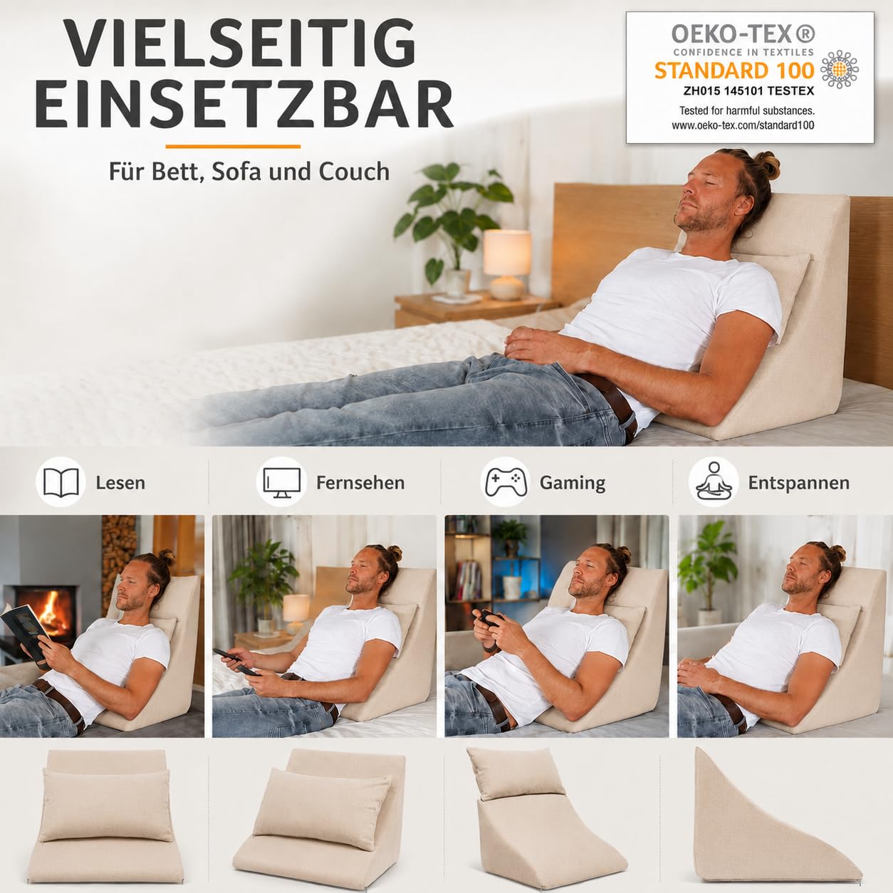 Cuscino per Letto e Divano - Cuscino a Cuneo dalla Forma Ergonomica più un Comodo Cuscino del Divano per Leggere, Guardare la TV e Rilassarsi (marrone chiaro)