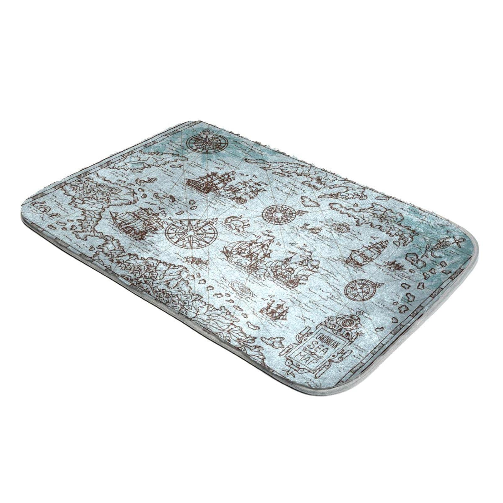 Tapis fausse fourrure bleu grand confort motif carte nautique vintage salon chic