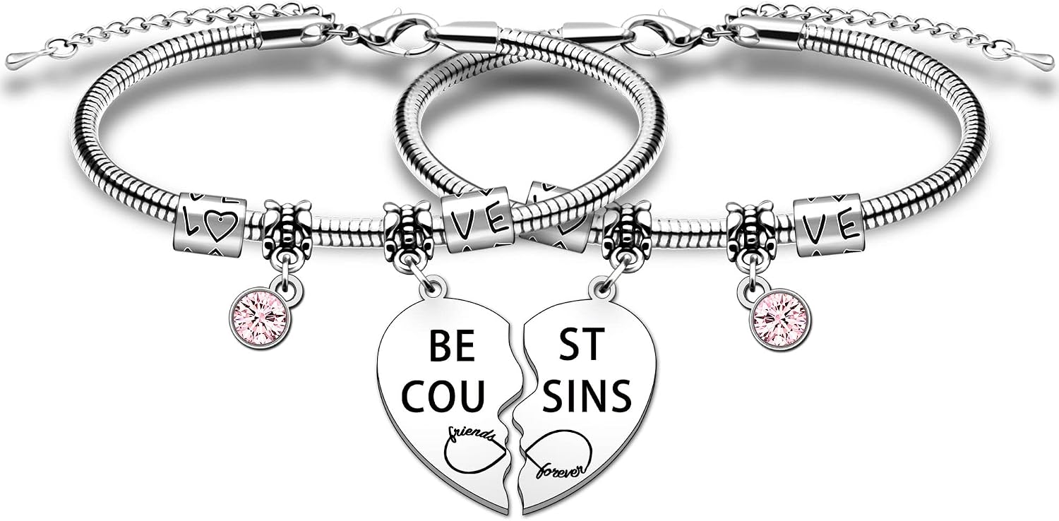 HULALA Best Cousin Gifts Matching Bracelets Set For 2 Women Girls Birthday Christmas Long Distance, Stainless Steel, 18 cm
