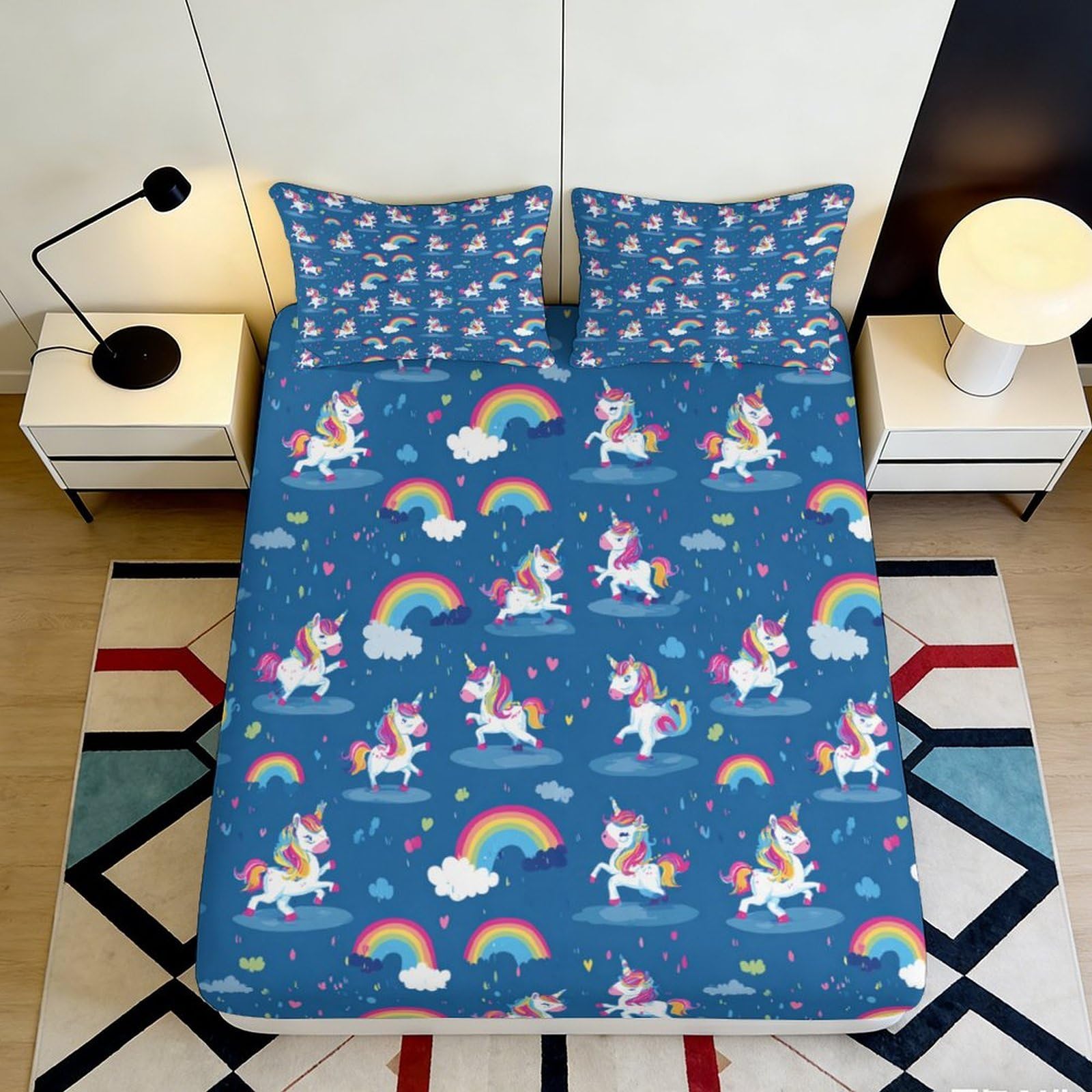 3D Printed Unicorn Rainbow Fitted Sheet Microfiber Deep Pocket Non-Slip Bedroom Unicorn Mattress Fitted Cover Washable Bedding 200x200x25cm