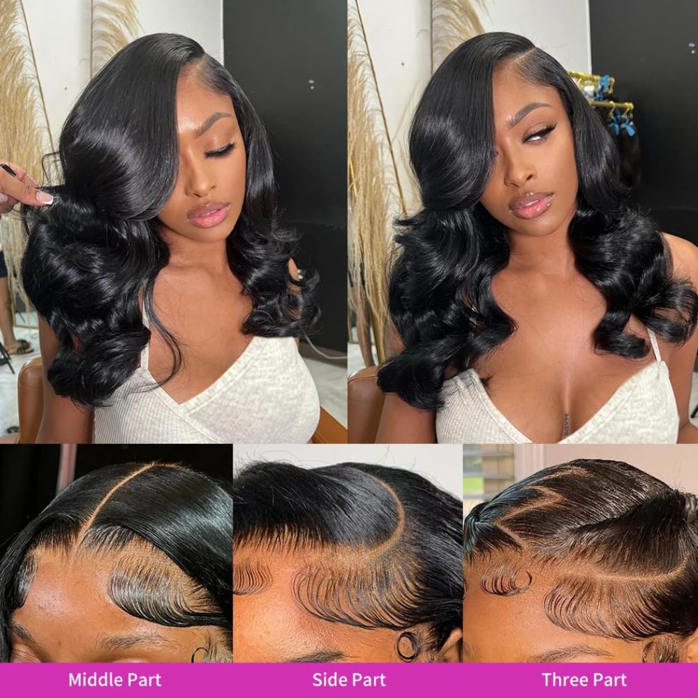 13x6 HD Lace Front Bob Wig Body Wave Human Hair Pre Plucked with Baby Hair Hd Transparent 16 Inch Short Bob Wig 200 Density Natural Black