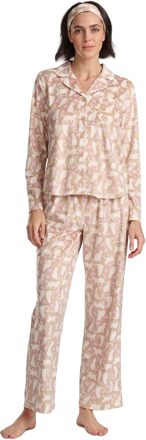 Karen Neuburger womens Long Sleeve Minky Fleece Notch Collar Top and Pant Pajama Set With Matching Headband