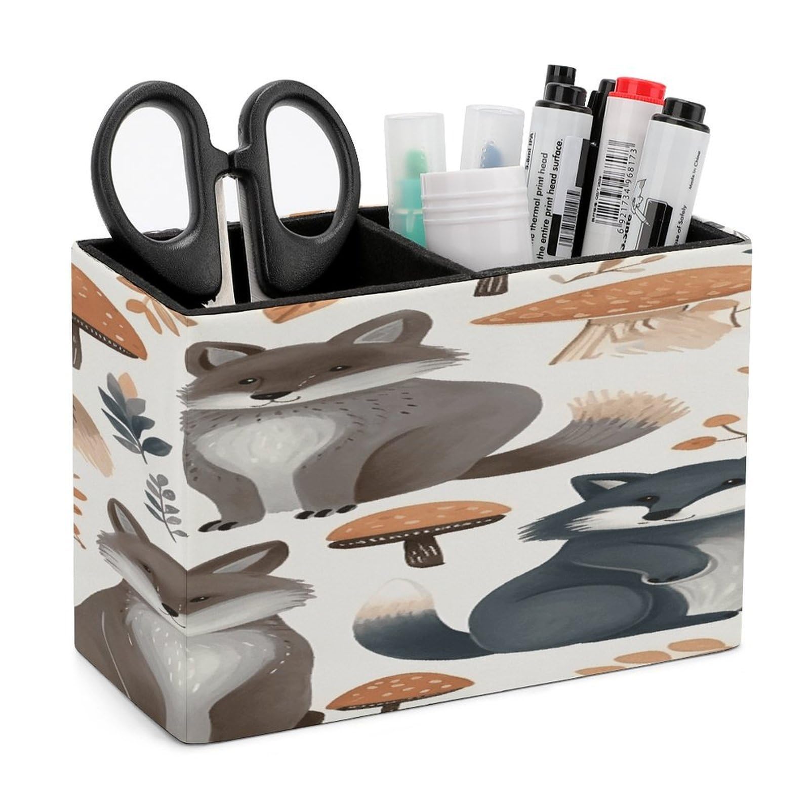 VstaDank Woodland Raccoon Animals Pen Holder Double Compartments Pen Cup Fashion Makeup Brush Holders Leather Pencil Holder for Work Locker Accessories Modern Pencil Cup for Desk Organizer