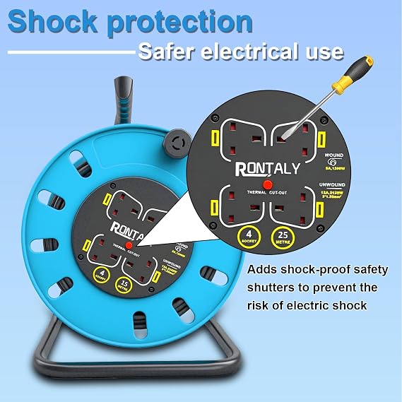 25M Retractable Cable Reel Extension Lead with Overheat Protection (Blue | Heavy Duty Extension Cord Reel with Thermal Cut-Off, Portable Handle & Shock-Proof Safety Socket, Indoor/Outdoor Use