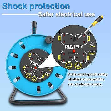 25M Retractable Cable Reel Extension Lead with Overheat Protection (Blue | Heavy Duty Extension Cord Reel with Thermal Cut-Off, Portable Handle & Shock-Proof Safety Socket, Indoor/Outdoor Use