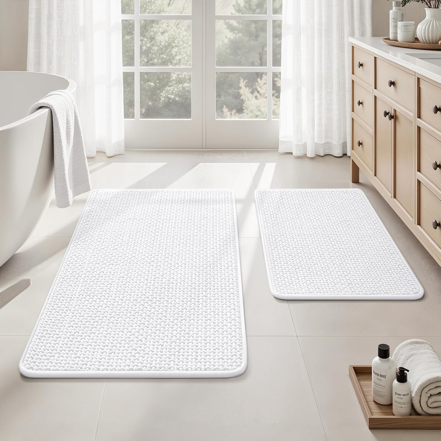 HOMEIDEAS Bathroom Rugs Set 2 Piece, Ultra Thin Non-Slip Bath Mats Rubber Backed, Chenille Absorbent Quick Dry Mats for Shower & Vanity, Low Profile Fits Under Door (White, 32"x20"+24"x17")