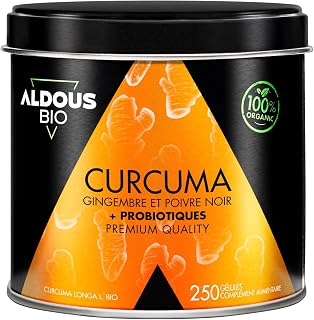 250 Gélules PROBIOTIQUES + Curcuma BIO au Gingembre et Poivre Noir - 1460mg - Curcuma à base de Curcumine et Pipérine - Anti-inflammatoire Naturel - Formule Avancée - Certifié Bio - ALDOUS