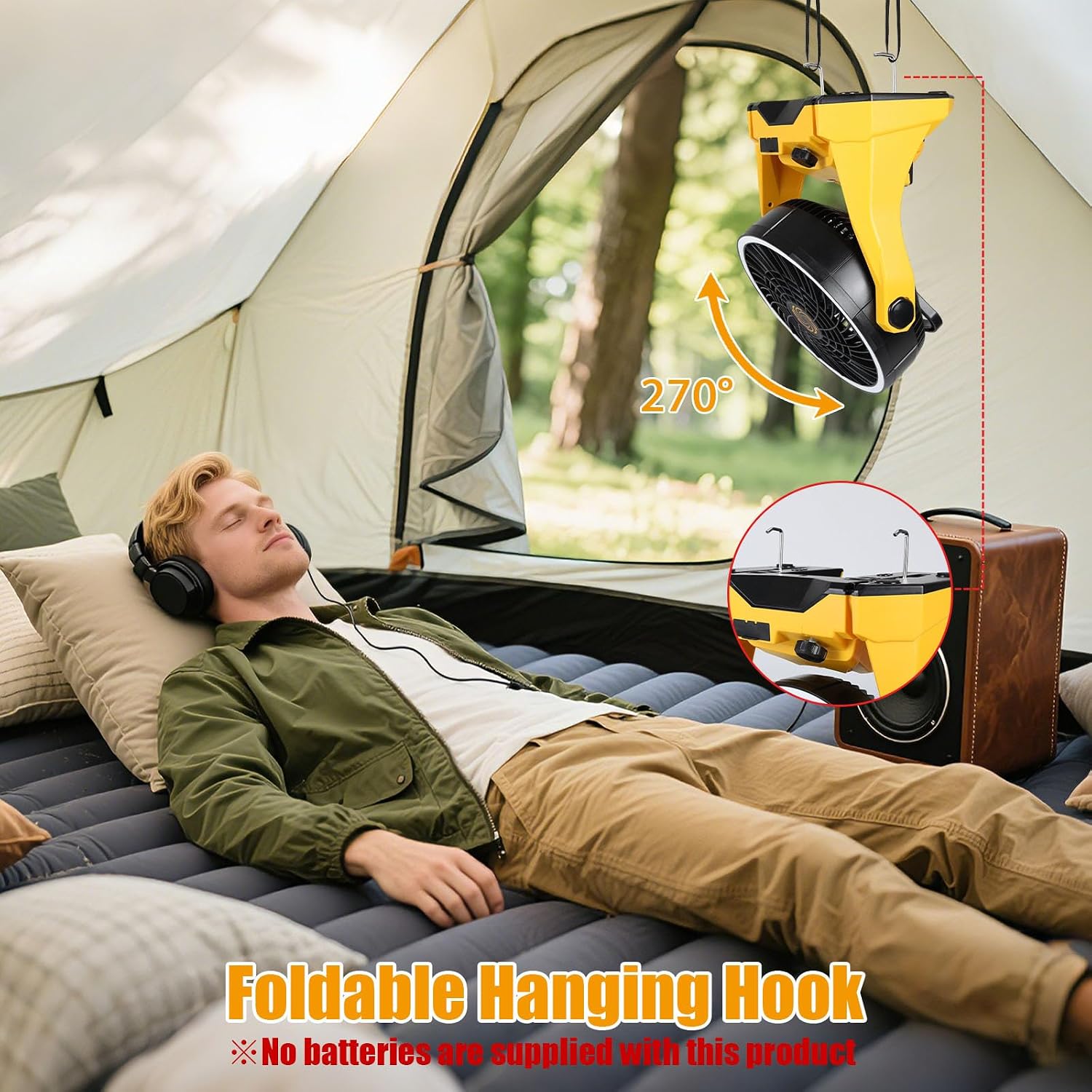 Fan Compatible with DeWalt 20V Battery Portable Jobsite Camping Fan with Infinite Speed Control USB-C and USB Charging, Hook, Handle 270° Tilt for Outdoor Battery Not Included image 2