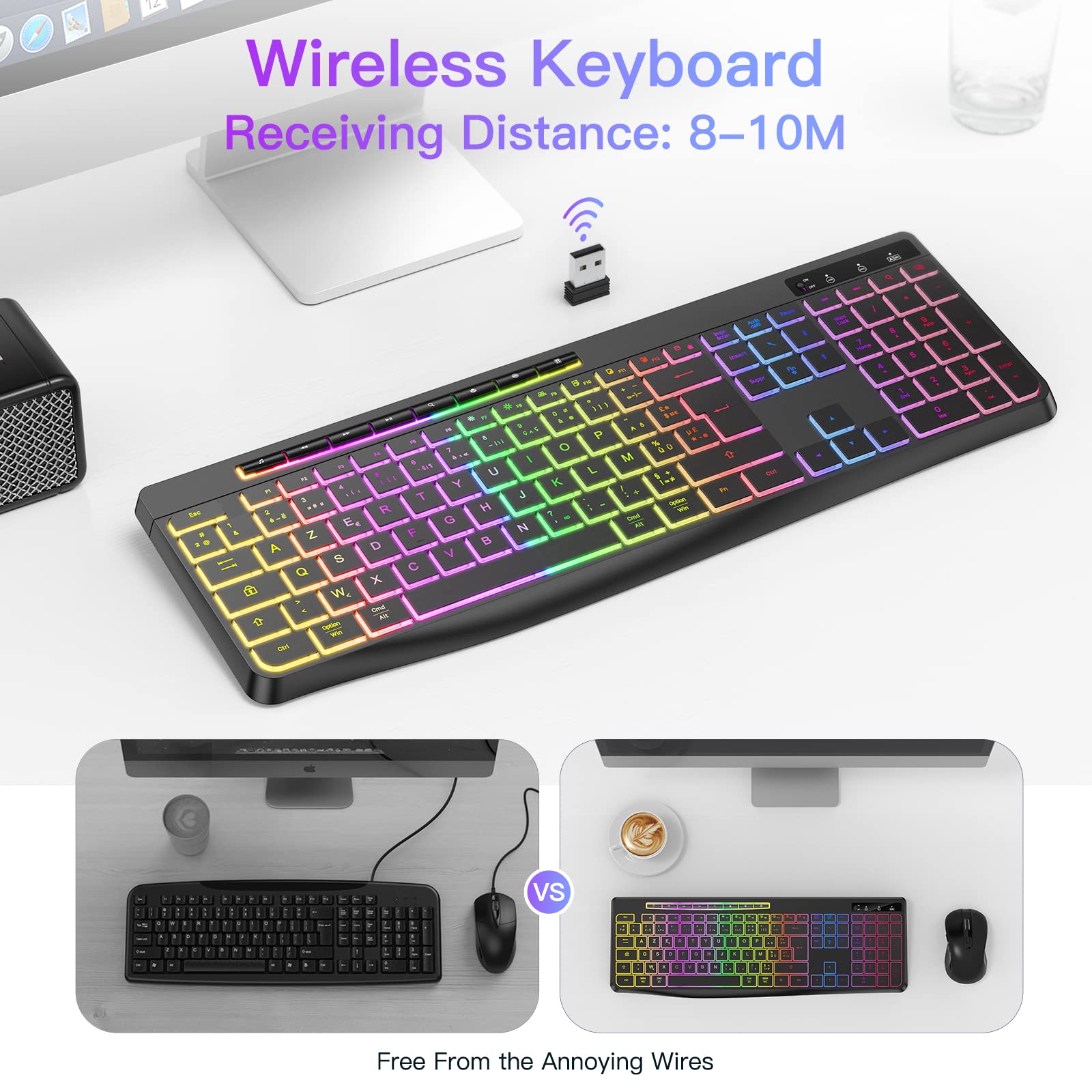 TECURS Tastiera Wireless Gaming France Italiana Pc Silenziosa Con Controllo Multimediale Retroilluminato, Ricaricabile USB Ergonomica