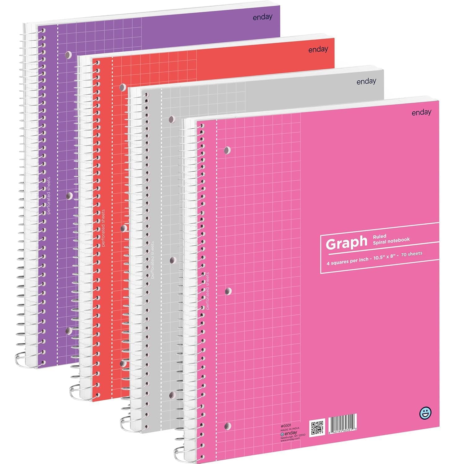 Emraw Graph Paper Notebook (4 Pack) Grid Notebook, Graph paper spiral notebook, Graph notebook, 4 Squares per inch Grid paper notebook, White Paper Quad Ruled Spiral Assorted Colors - by Enday