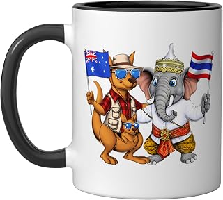 Australia Kangaroo Thailand Elephant Australian Flag Ceramic Mug, Black/White