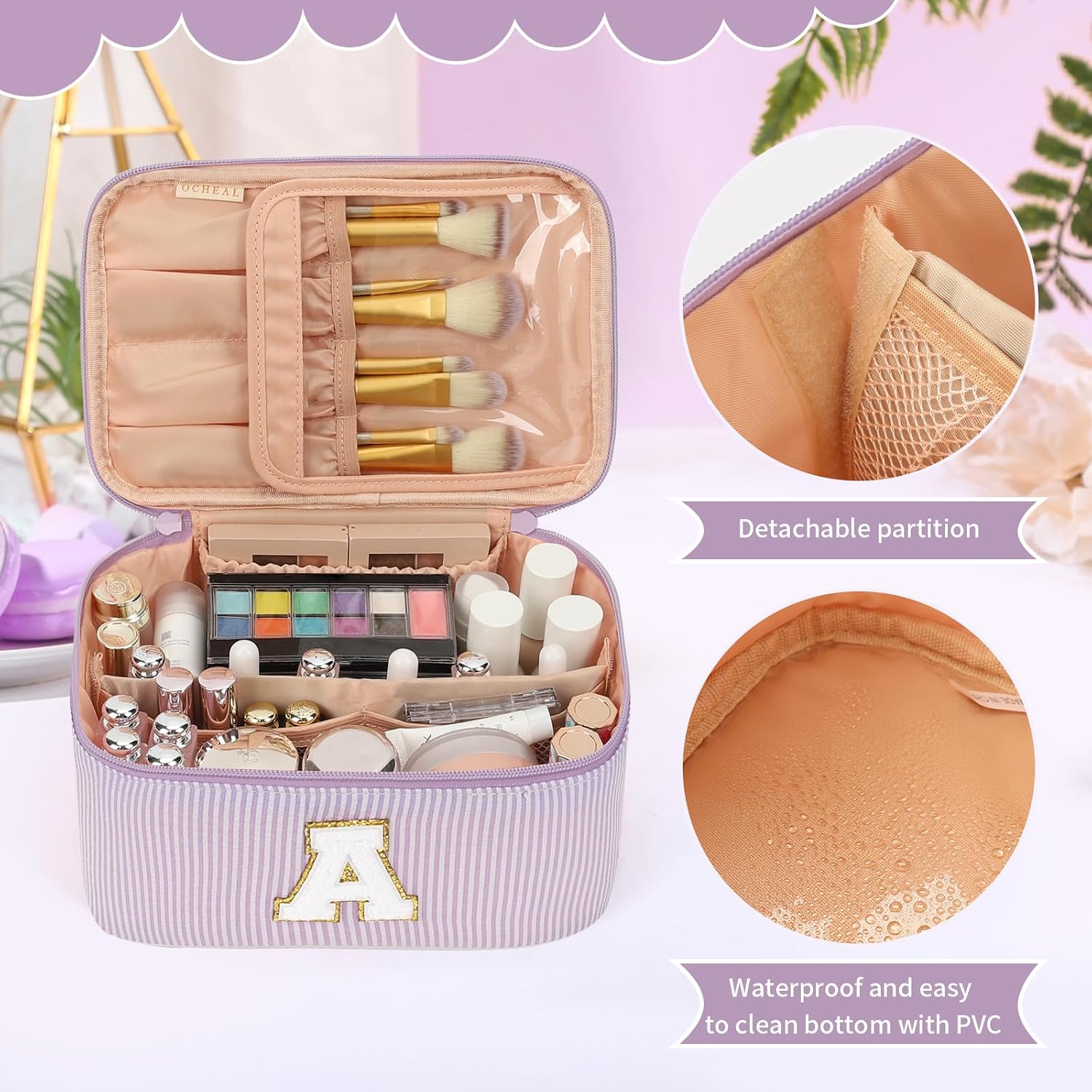 OCHEAL Makeup Bag for Women, Monogram Cosmetic Bag Purple Travel Makeup Case Beauty Toiletry Bag Organizer Personalized Gifts for Girls Bridesmaid, Sister, Wife, Friends Initial A image 2