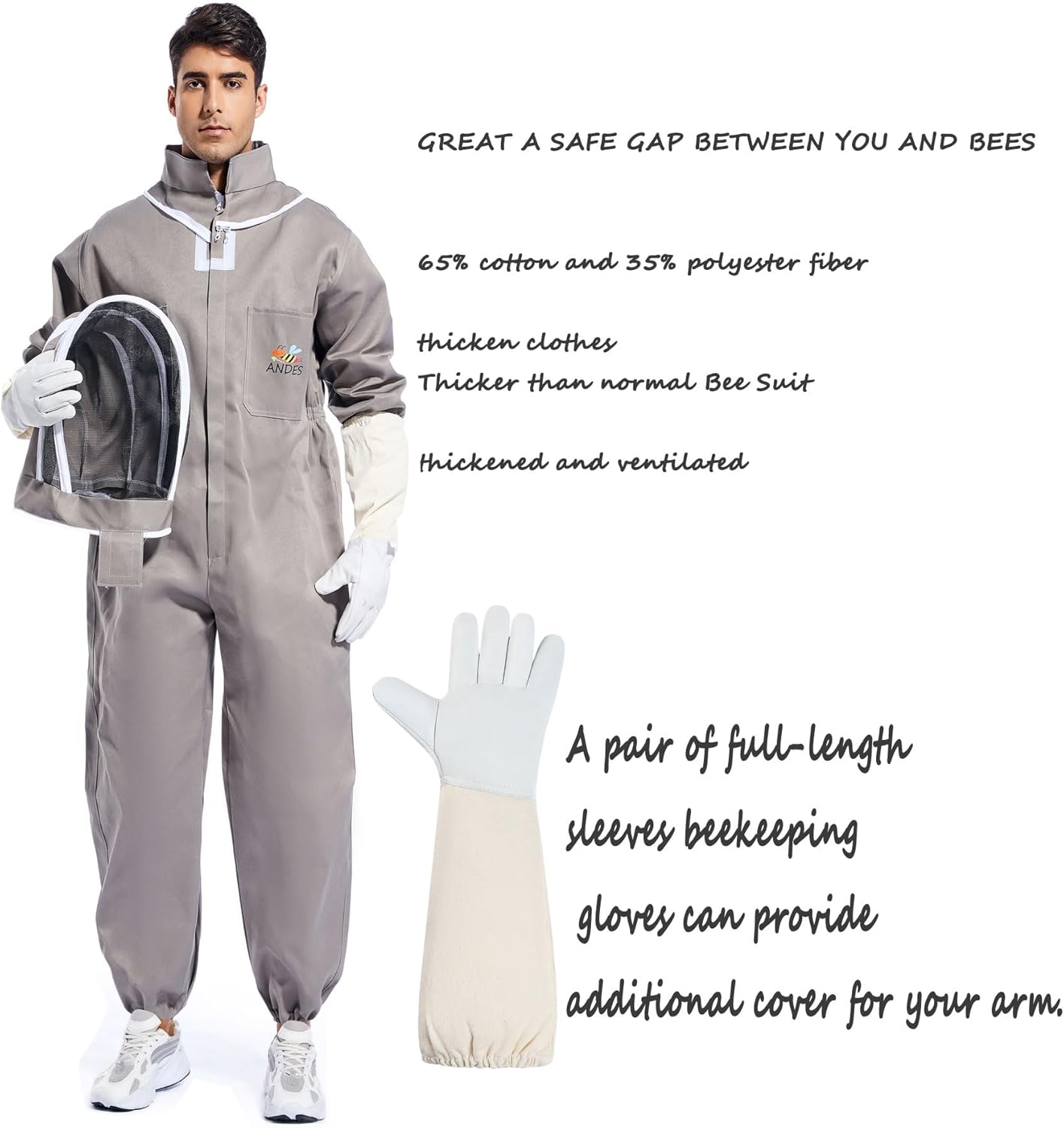 ANDES Beekeeper Suit for Men & Women - Universal Beekeeping Supplies | Bee Suits Attire with Ventilation Veil &Sheepskin Gloves XX-Large