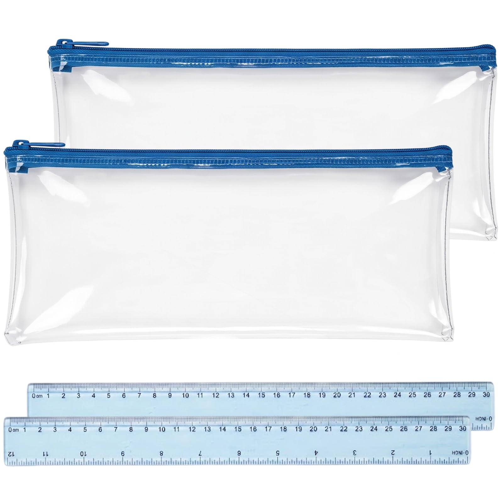 2 Pcs 32cm Blue Clear Pencil Case for Gcse Exams, With 2 Pcs Blue Rulers