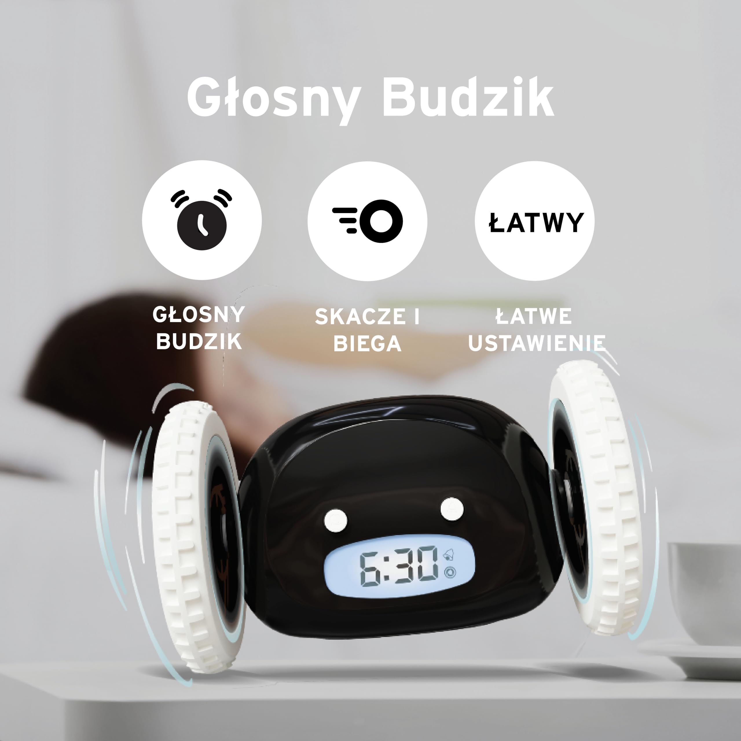 CLOCKY Zabawny Budzik Cyfrowy Elektroniczny Podrózny na Kołach Budzik Głośny dla osób nieslyszacych dziewczynki niedoslyszacych śpiących gluchych śmierci Doroslych Starszych Dcziezi Porusza (Czarny)