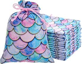 RICHNESS 16pcs Mermaid Party Favor Bags, Ocean Goodie Candy Bags, Drawstring Satin Girl Party Gift Treat Pouches for Baby Shower Kids Girls Mermaid Birthday 4.7X6.3 Inch
