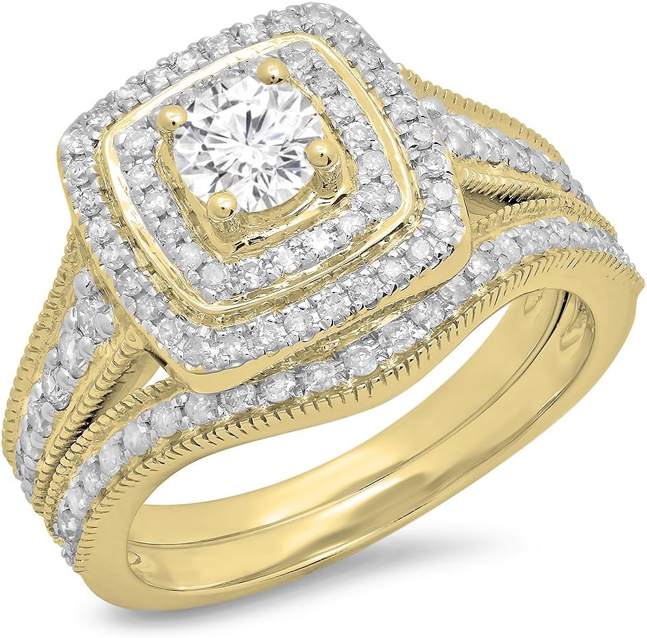 Dazzlingrock Collection 1.10 Ctw 14K Real Solid Gold Round White Natural Diamond Women Bridal Halo Engagement Ring with Matching Band Set
