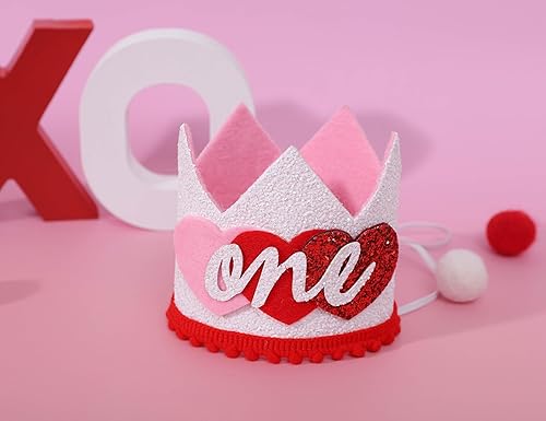 Miniatura 3 de Corona de primer cumpleaños para el día de San Valentín, corona de cumpleaños con corazones rosados y rojos, decoración de primer cumpleaños de San