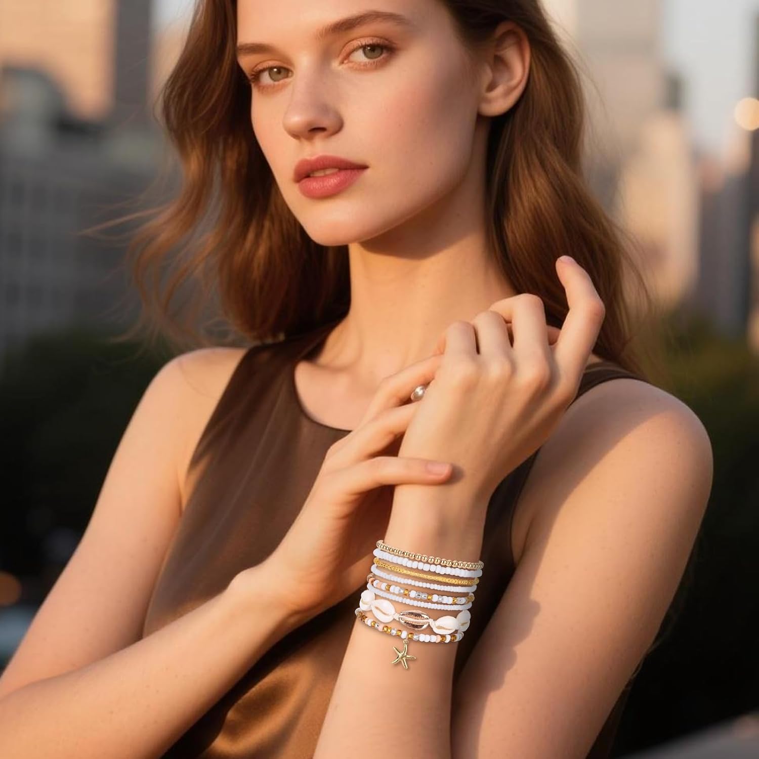 8pcs Summer Bracelets, Stackable Seashell Strand Bracelets Bohemian Beaded Jewelry Rice Bead Starfish Charm Sea Shell Jewelry Beachy Accessories for Women Hawaiian Vacation Beach Party Gift - Image 6