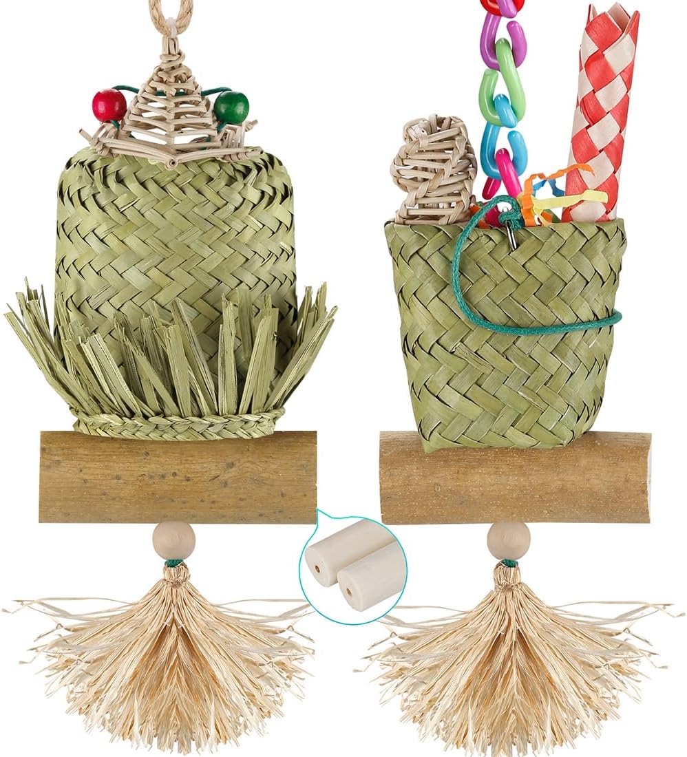 Bird Toys,Bird Foraging Bark Sola Stick Nature's Bento Bag Edible Cattail Palm Leaf Woven Parrot Toys with Corn Husk for Lovebirds,Parakeets, Budgerigars, Conure, Cockatiel,Parrotlet,Budgie (lobster)
