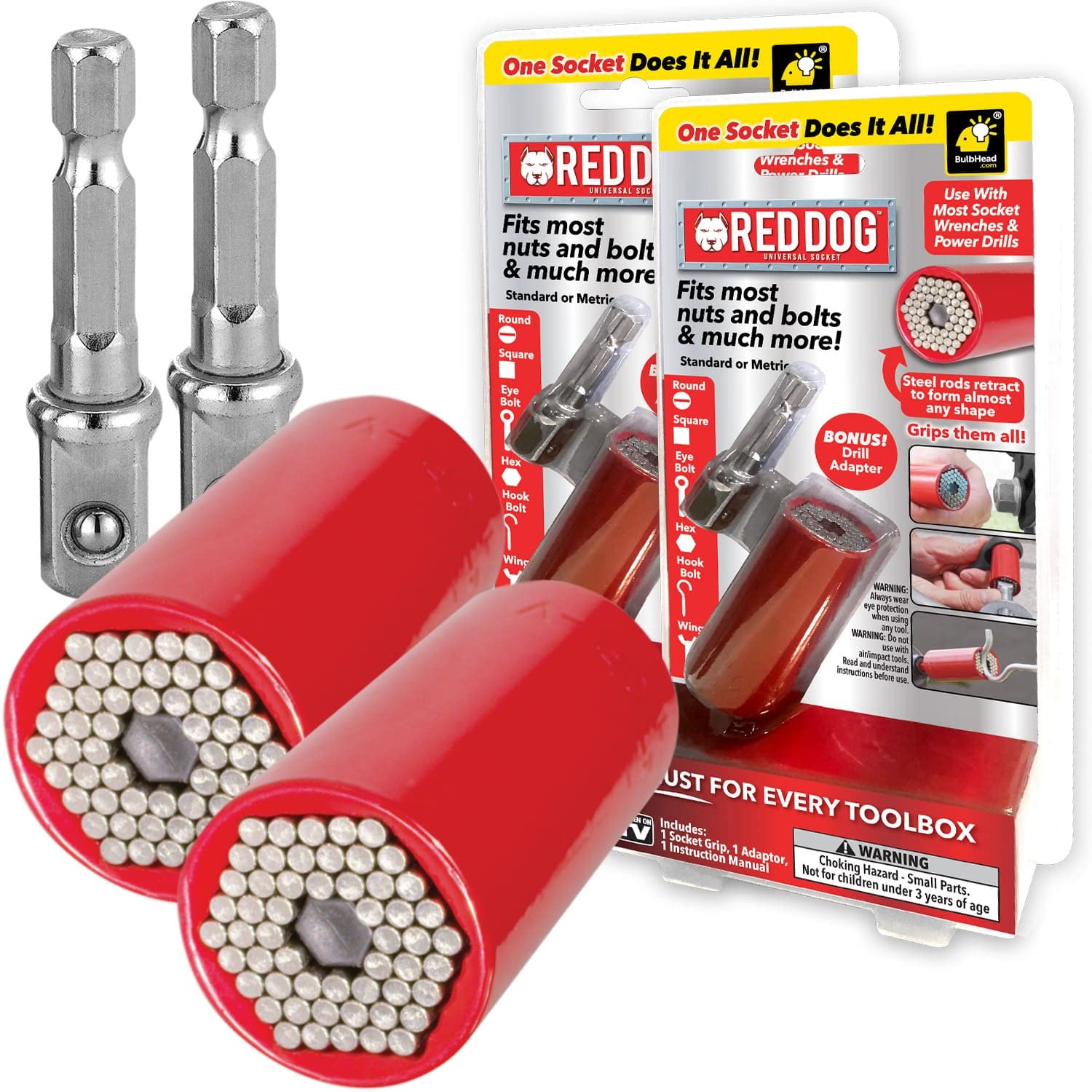 Red Dogw/Bonus Adapter AS-SEEN-ON-TV, Fits Most Nuts, Bolts, and More, Use with Most Socket Wrenches & Power Drills, Steel Rods Retract to Form Almost Any Shape, Standard or Metric, 2