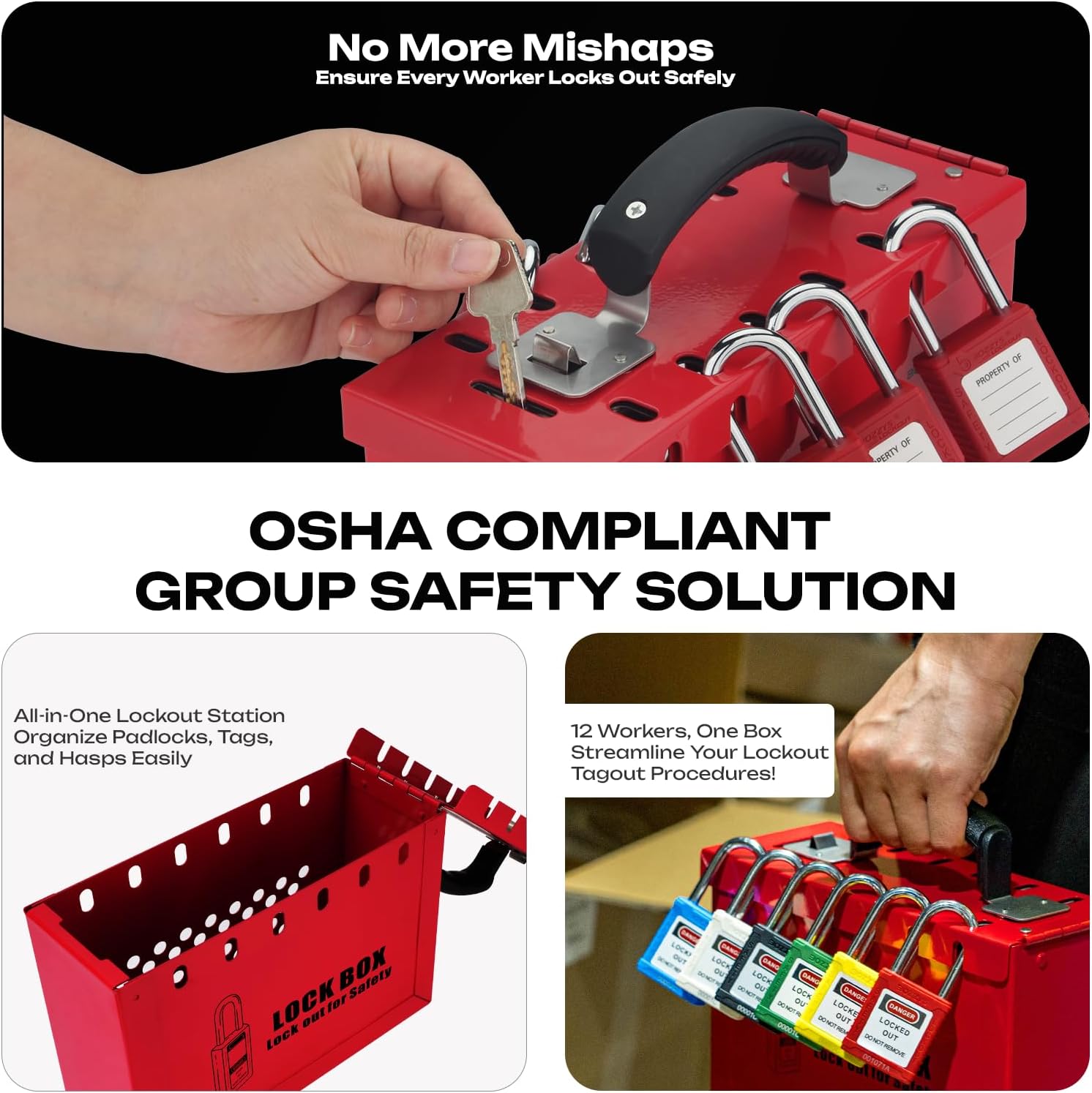 Lockout Tagout Group Lockout Box | OSHA Compliant Portable Steel Box Red | 12-Holes Industrial Safety Lock Box for Multi-person group management