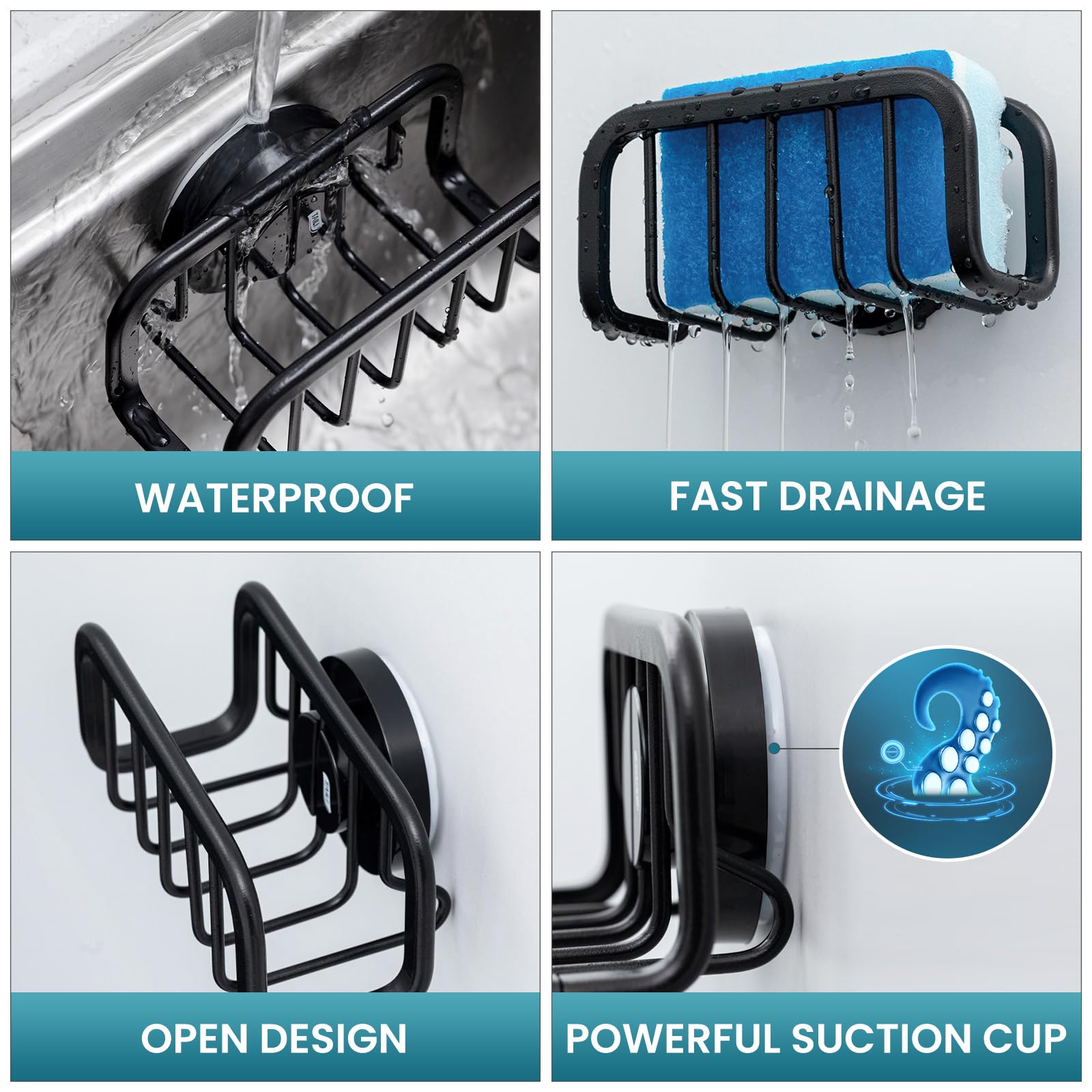 TAILI Sponge Holder for Kitchen with Strong Sucion Cup,Rustproof Aluminum Sink Caddy for Sponges,Kitchen Sink Organizer Dishcloth holder Removable-Black - Image 4