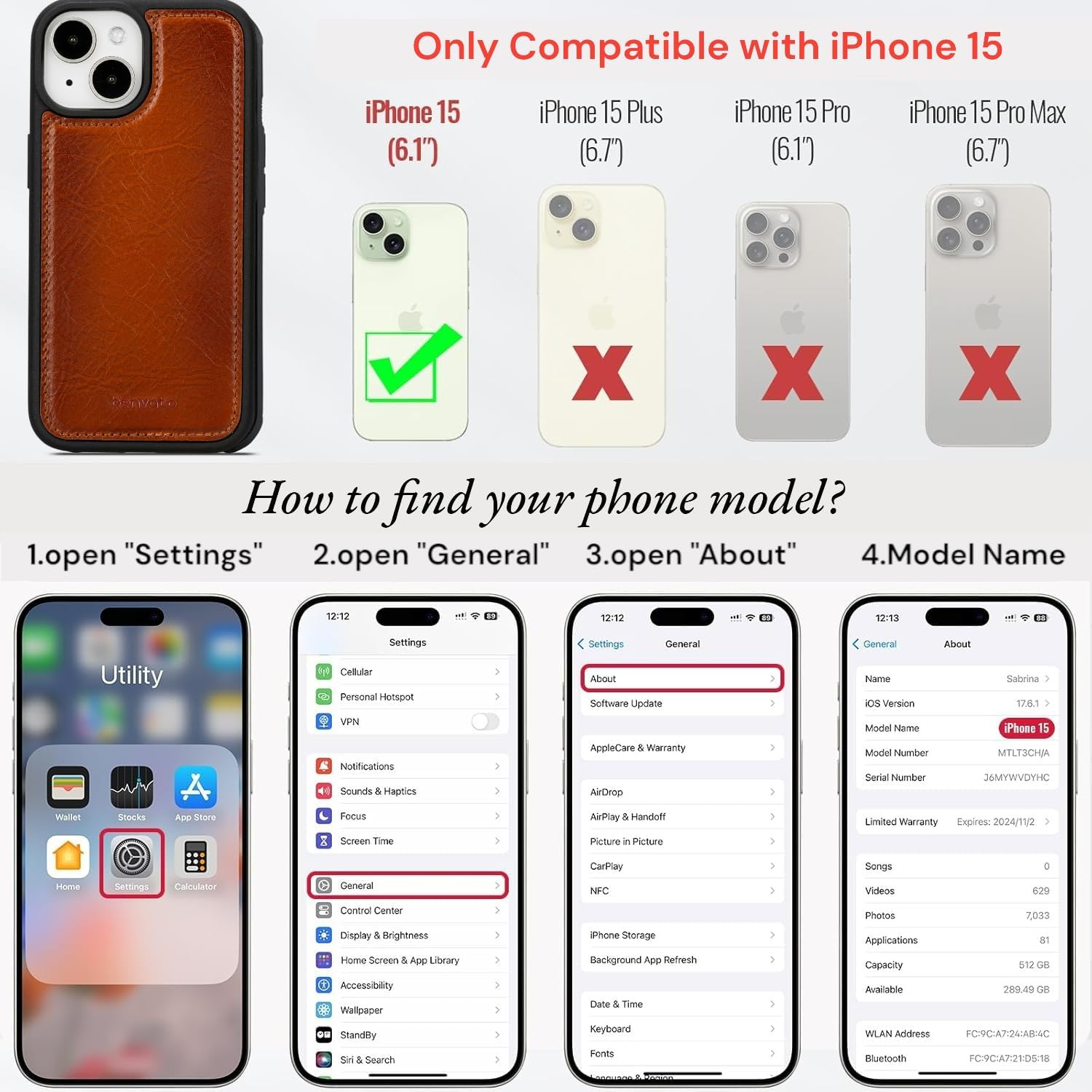 Leather Wallet Case for iPhone 15 6.1" Magsafe Compatible, Detachable Magnetic Flip Cover, Shock Absorbent, Handcrafted Genuine Leather 2 in 1 Wallet, Card Holder, Brown