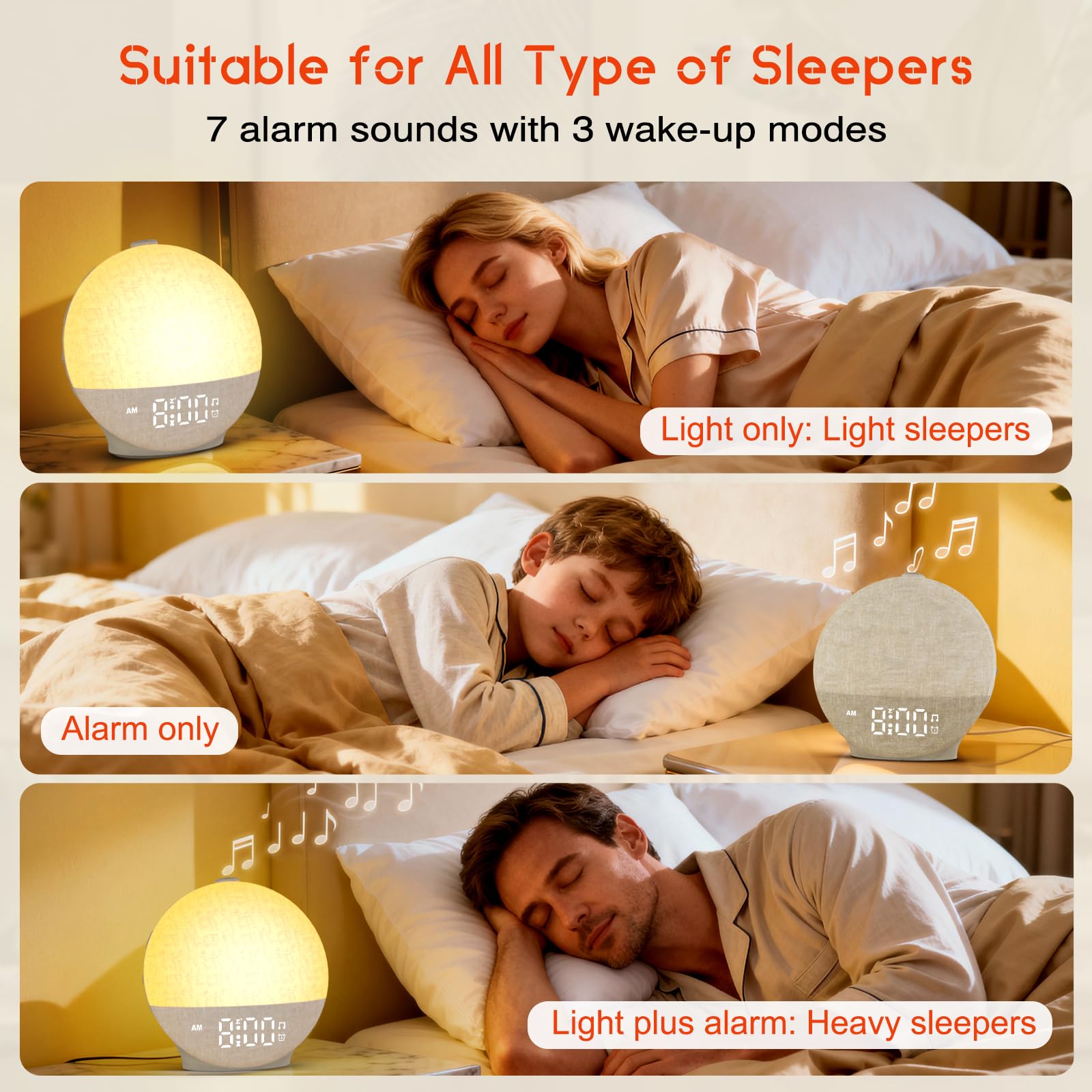 Reloj Despertador con Simulación de Amanecer, Despertador con Lámpara LED de Noche, 30 Efectos de Sonido Que Ayudan a Dormir, Función Temporizador y Snooze