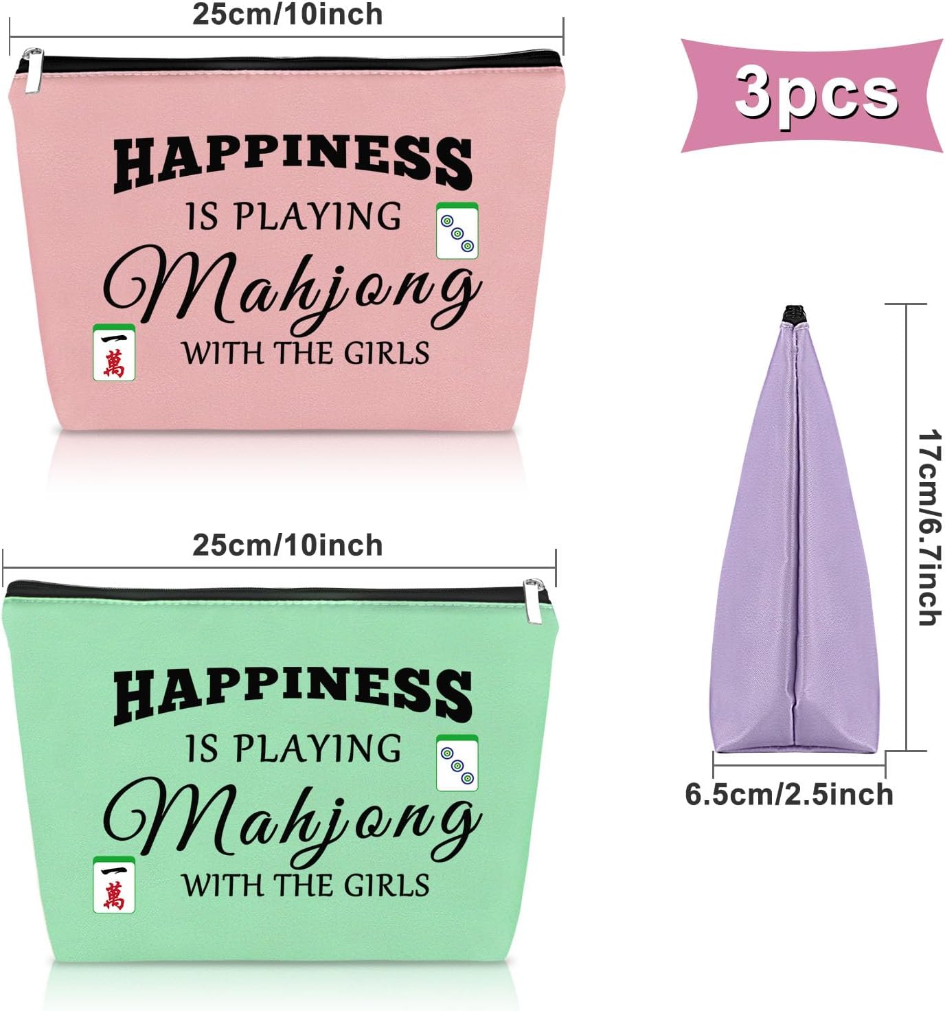 Sazuwu 3PCS Mahjong Gifts Makeup Bag Mahjong Lover Gift Mahjong Player Gift for Friend Mahjong Lucky Cosmetic Bag Mahjong Themed Items for Mom Grandma Sister Birthday Christmas Gifts Travel Pouch