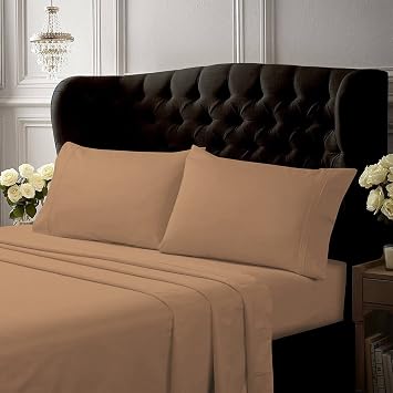 Tribeca Living Egyptian Cotton Percale 300 Thread Count Deep Pocket Sheet Set, Queen, Coffee