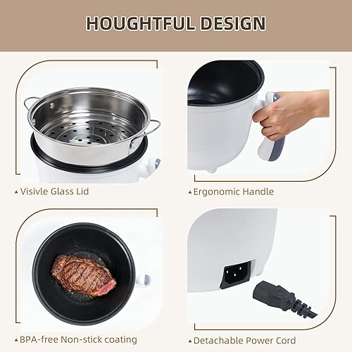 Miniatura 6 de Olla caliente eléctrica de 1.8L con vaporizador SUS, sartén antiadherente, olla eléctrica de fideos rápidos, mini olla caliente portátil para huevo,