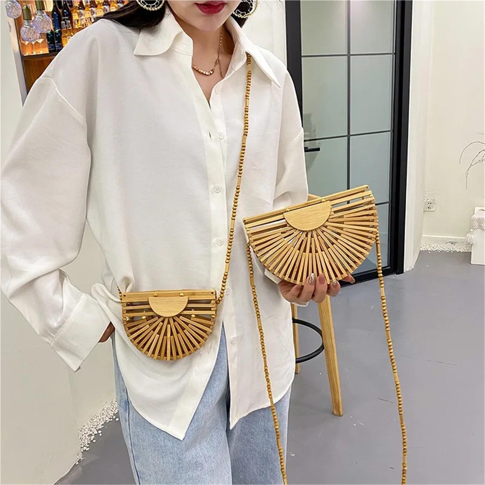 Bolsos de Paja Bolso bandolera de madera media luna for mujer, bolso paja tejido bambú for playa verano, pequeño ratán for teléfono, mini