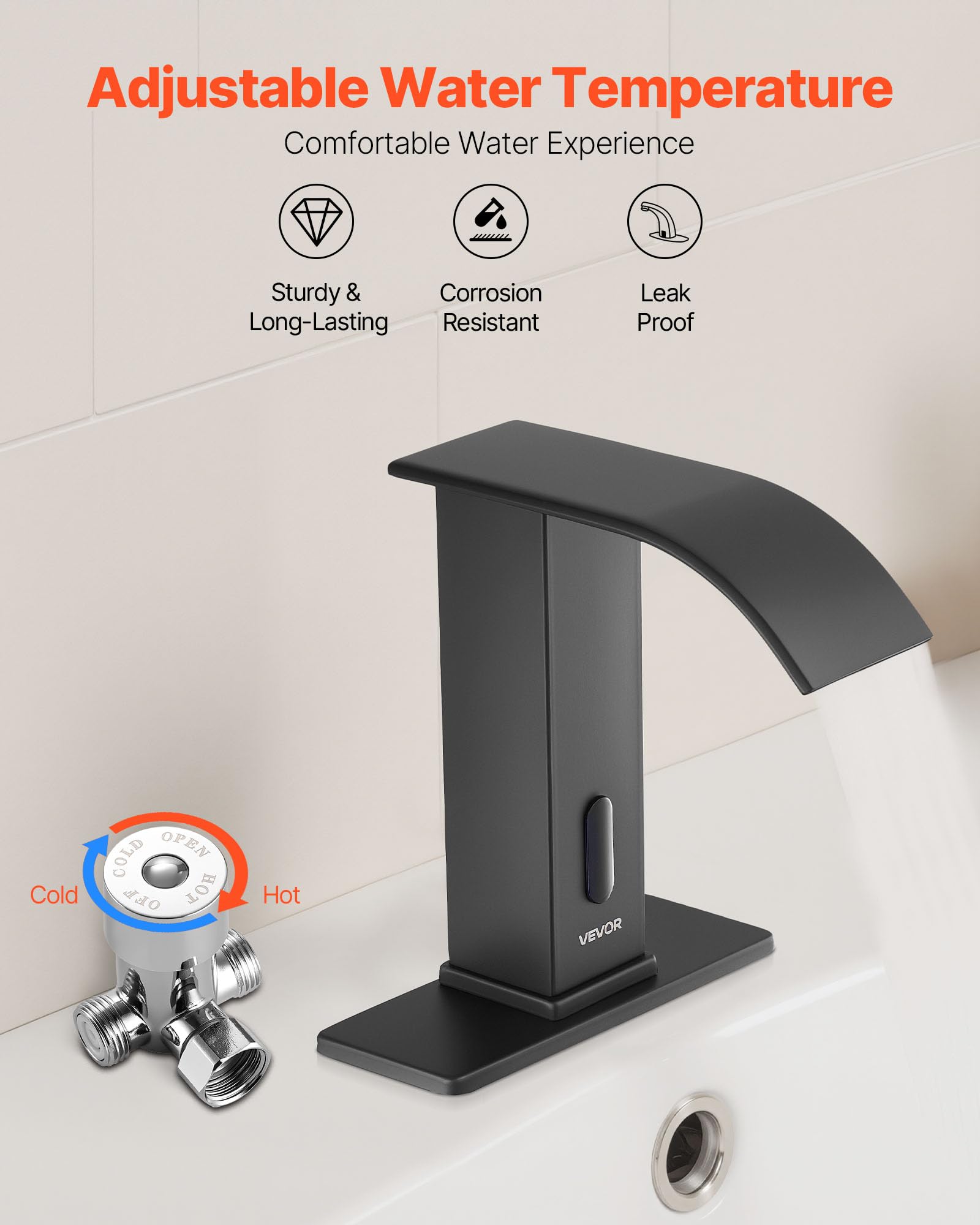 VEVOR Grifo de Lavabo sin Contacto para Baño, Acero Inoxidable, Grifo Automático con Tapa, a Pilas, Agua Fría y Caliente, con Sensor Infrarrojo, Cascada, Negro Mate, 7,6 L/min, 160 x 68 x 178 mm