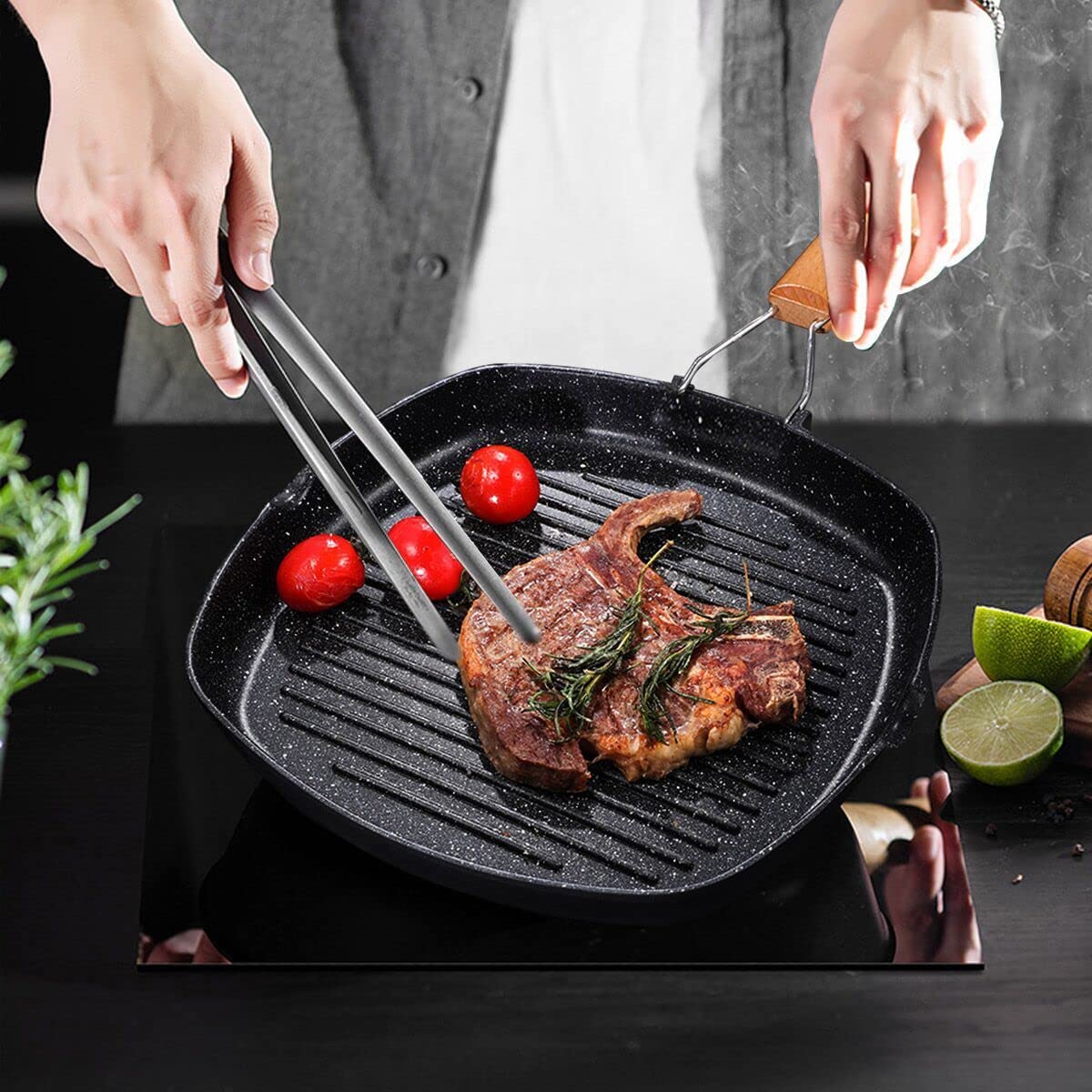 MasonOL20 Sartén antiadherente con mango plegable para carne, pescado y verduras para todas las fuentes de calor 9.4 in/9.4 pulgadas para estufas, inducción, negro 4