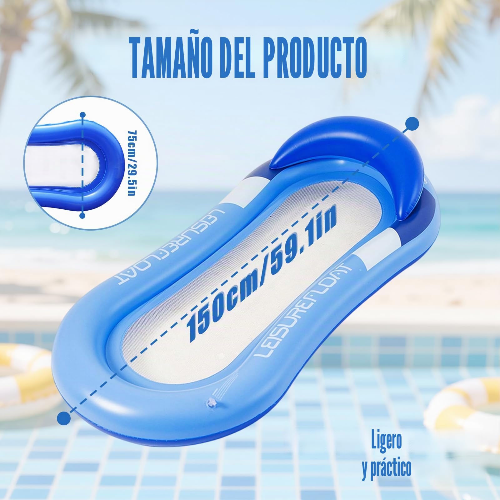 Hamaca de agua con red – Tumbona hinchable con reposacabezas, colchón de aire para piscina para adultos, 150 x 70 cm, tumbona para piscina para adultos, para piscina, lago y playa, accesorios de