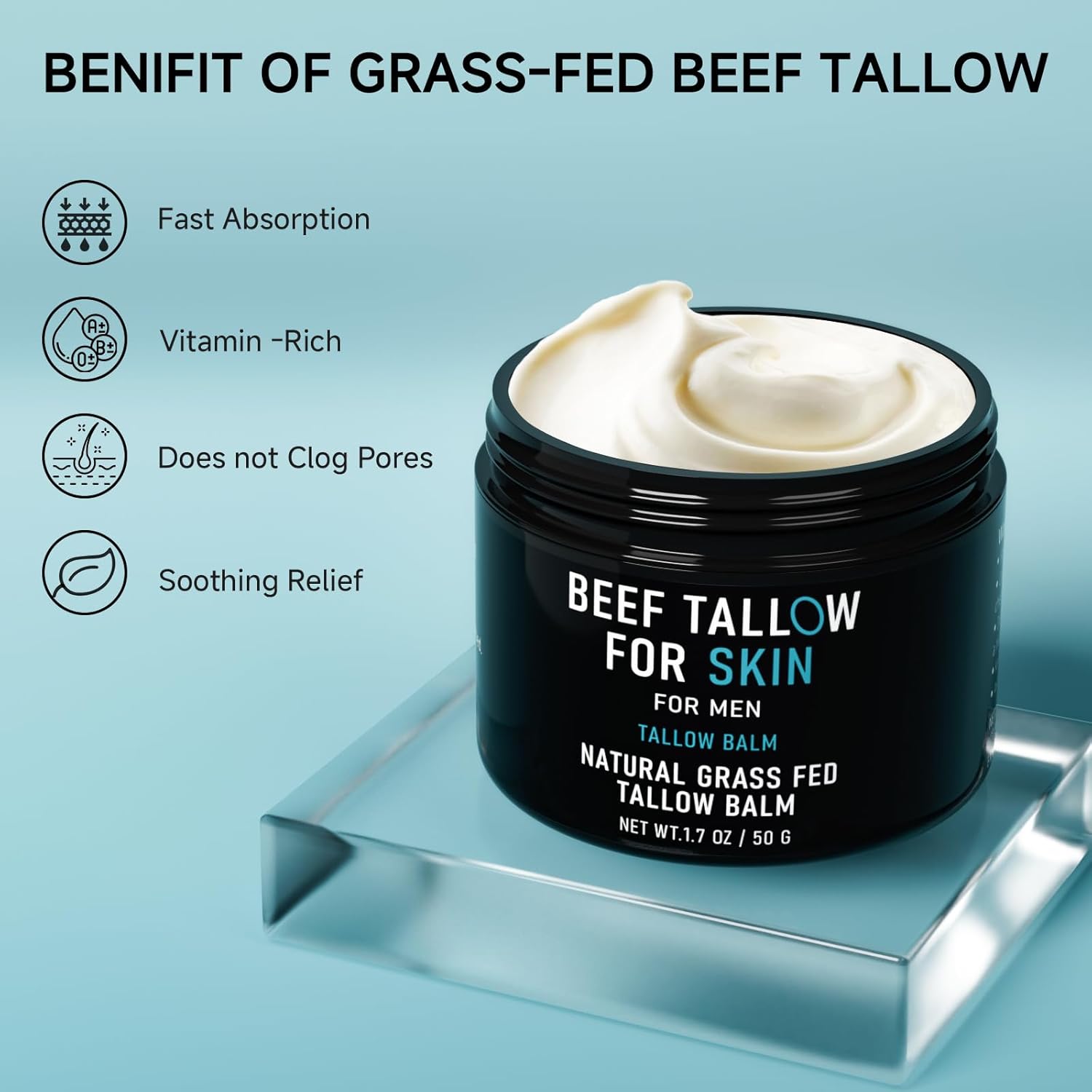 Beef Tallow for Skin, Beef Tallow Skin Care for Men, Mens Skincare Moisturizer for Face Neck Deeply Nourishing, Unscented Original Tallow Face Moisturizer for Men, 3.4 oz
