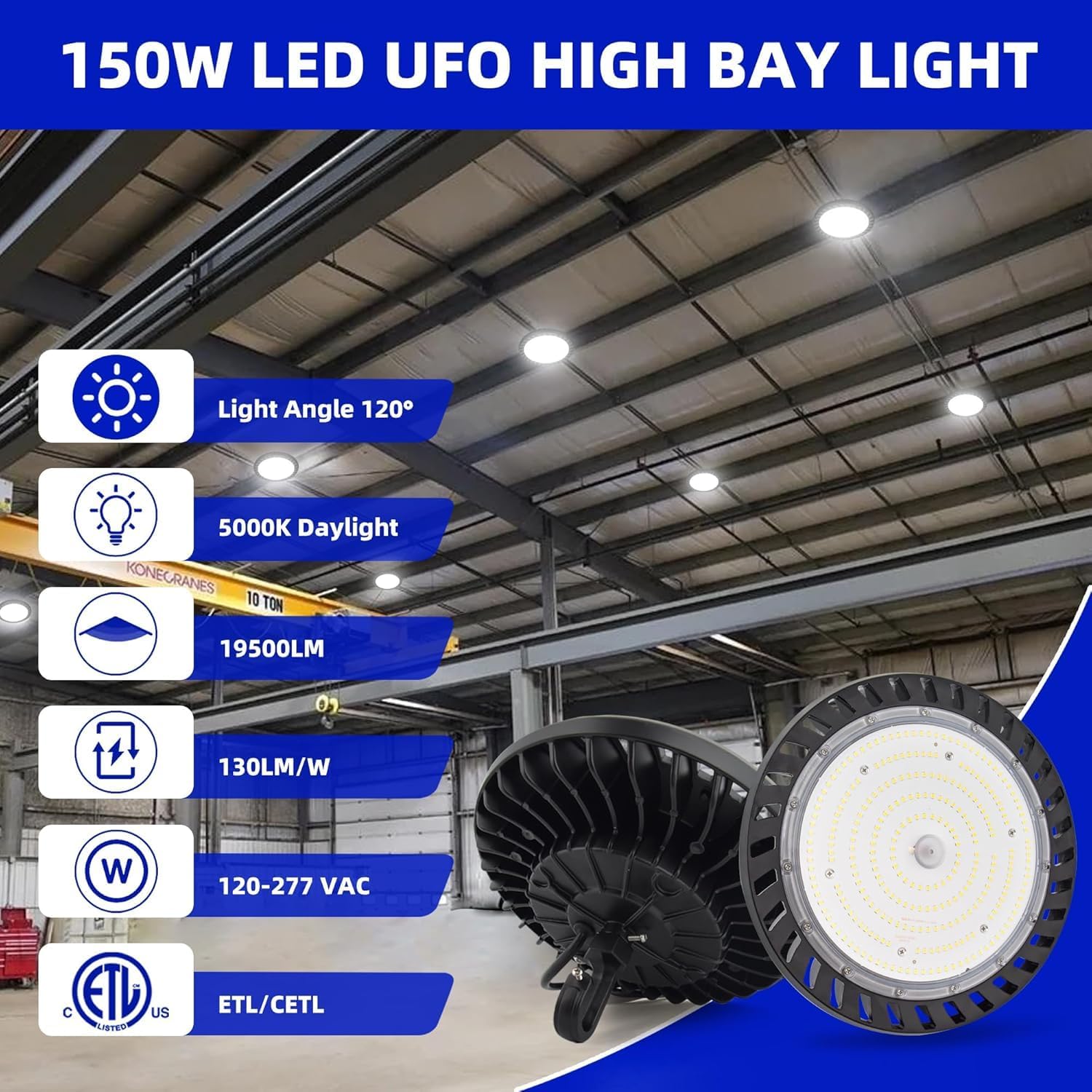 hykolity 6 Pack LED High Bay Light 150W, 5000K UFO LED High Bay Light Fixture with US Plug [450W MH/HPS Equiv.] 100-277V, 19,500lm, IP65 Commercial Warehouse Area Light for Wet Location